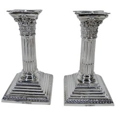 Pair of Antique English Sterling Silver Classical Column Candlesticks