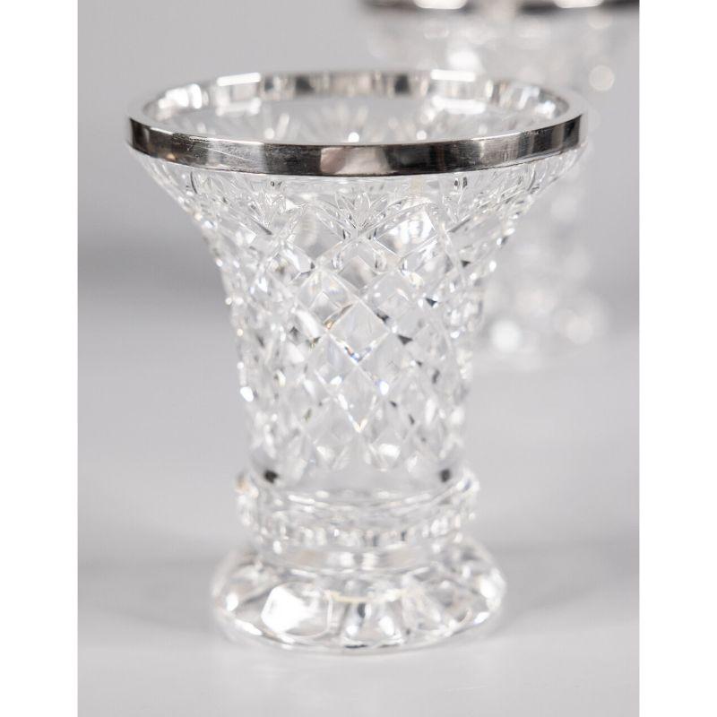 A fine pair of antique English heavy carved crystal glass and sterling vases. Hallmarks on rim. These stunning vases are made of heavy hand-cut crystal glass with solid silver rims in beautiful antique condition. They would look lovely with a