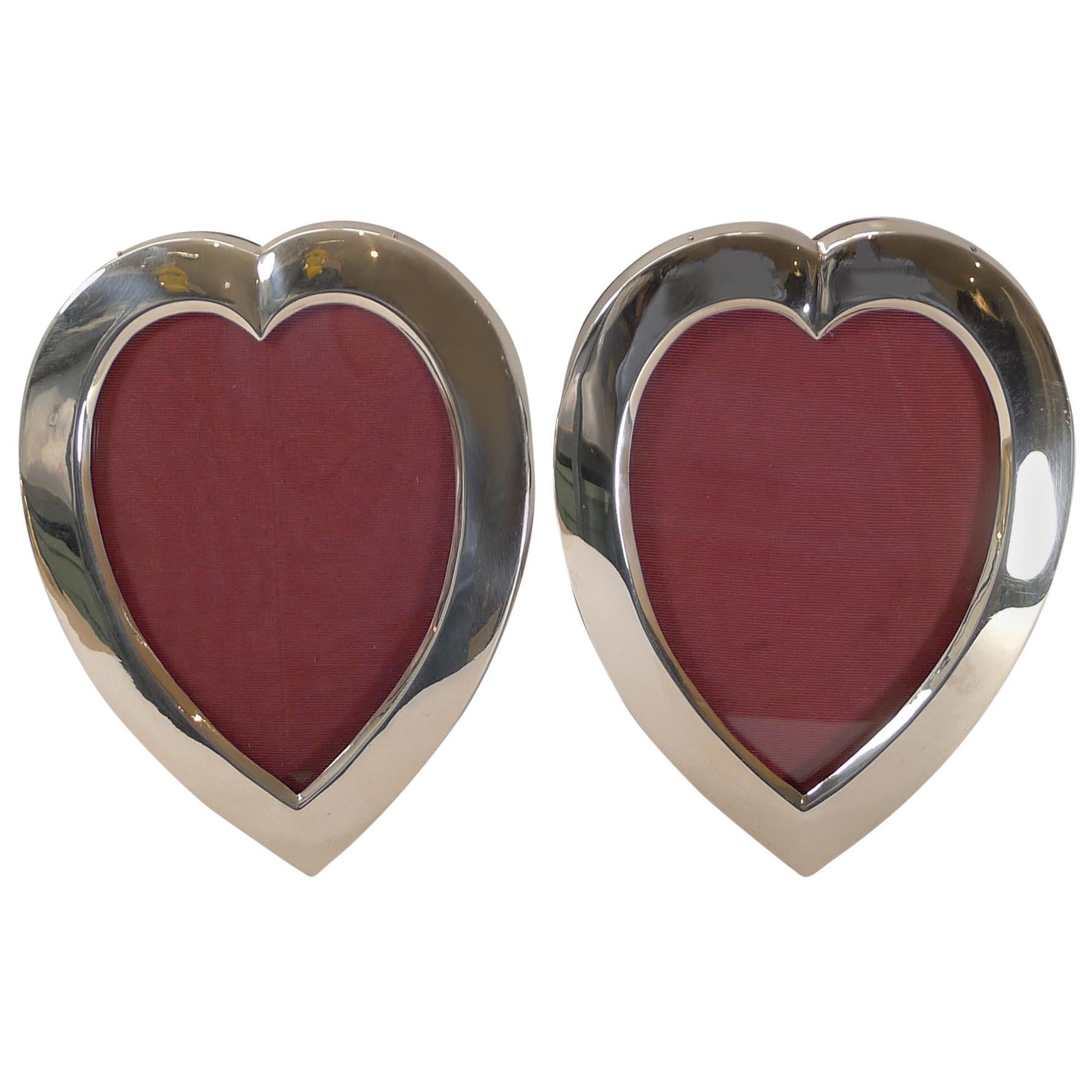 Pair of Antique English Sterling Silver Heart Picture Frames by William Comyns For Sale