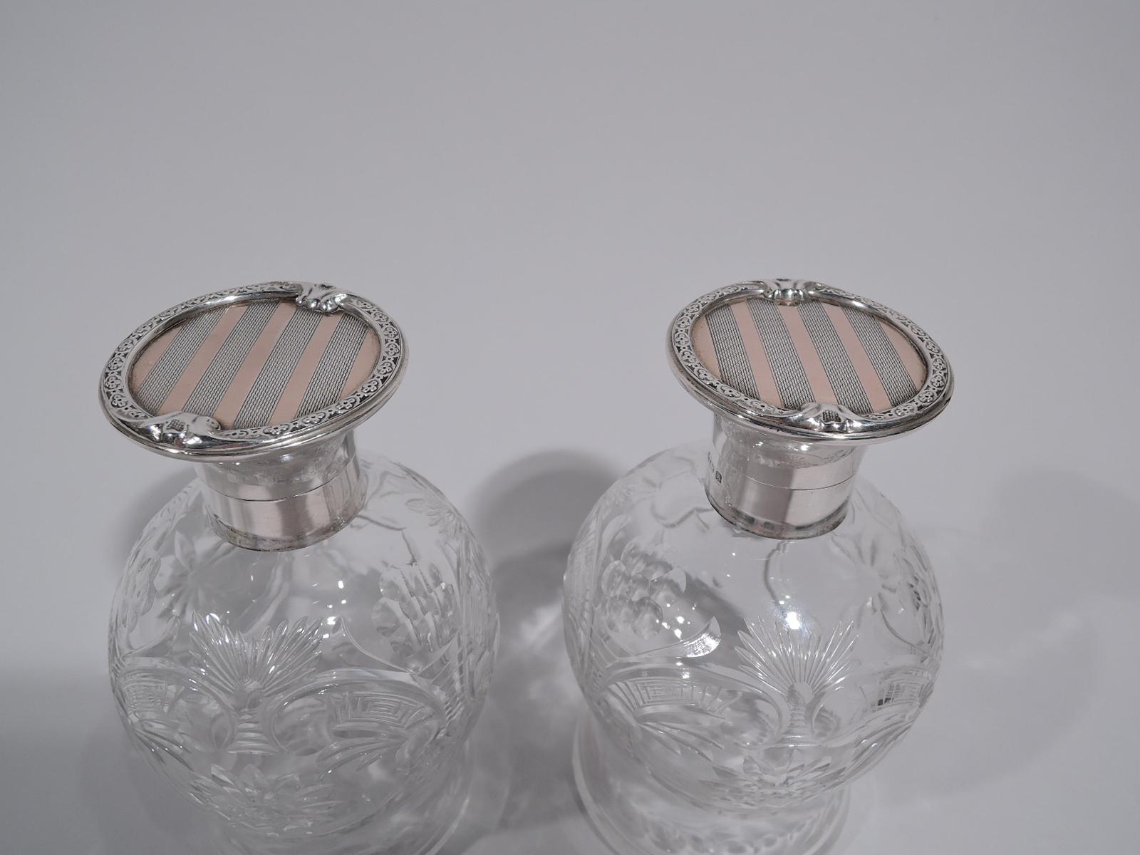 Art Deco Pair of Antique English Sterling Silver, Pink Gold & Crystal Perfumes