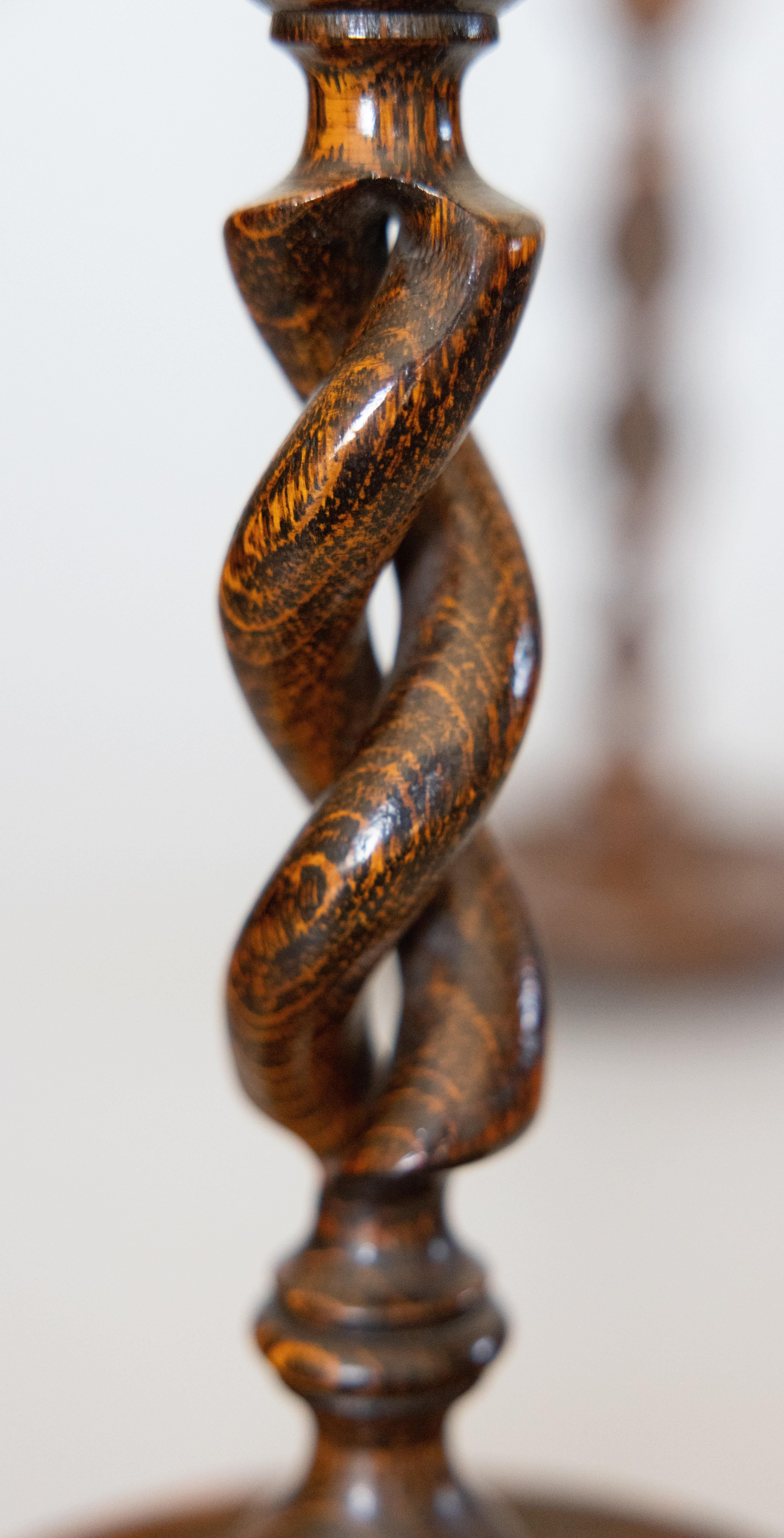 Early 20th Century Pair of Antique English Tiger Oak Open Barley Twist Candlesticks, circa 1900 For Sale
