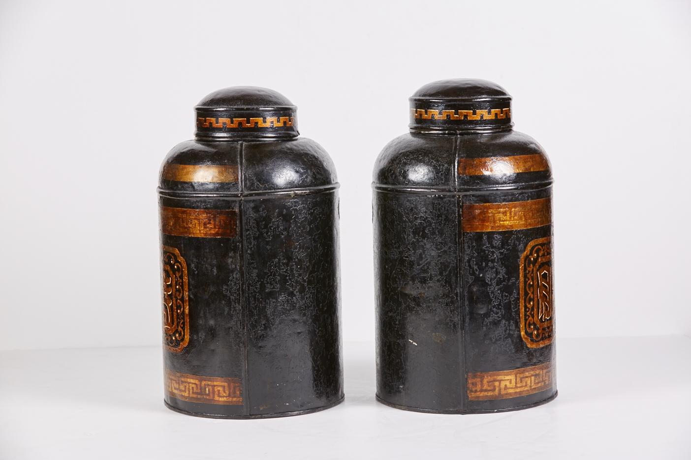 Pair of antique tole tea canisters by Parnall & Sons, Ltd. 