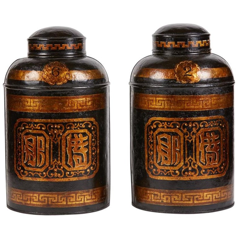 Pair of Antique English Tole Tea Canisters by Parnall and Sons, Ltd. at