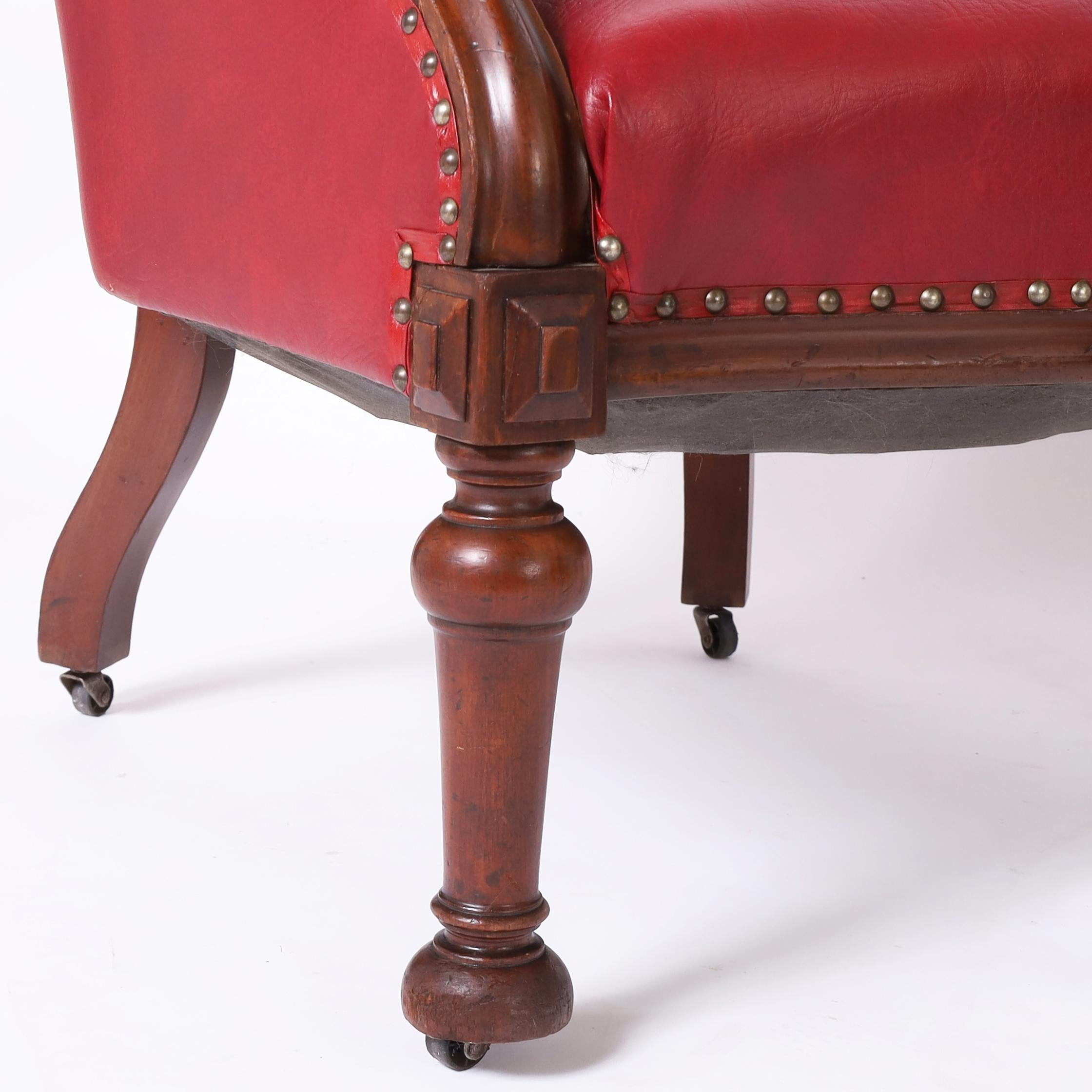 Pair of Antique English Tufted Red Faux Leather Club Chairs For Sale 4