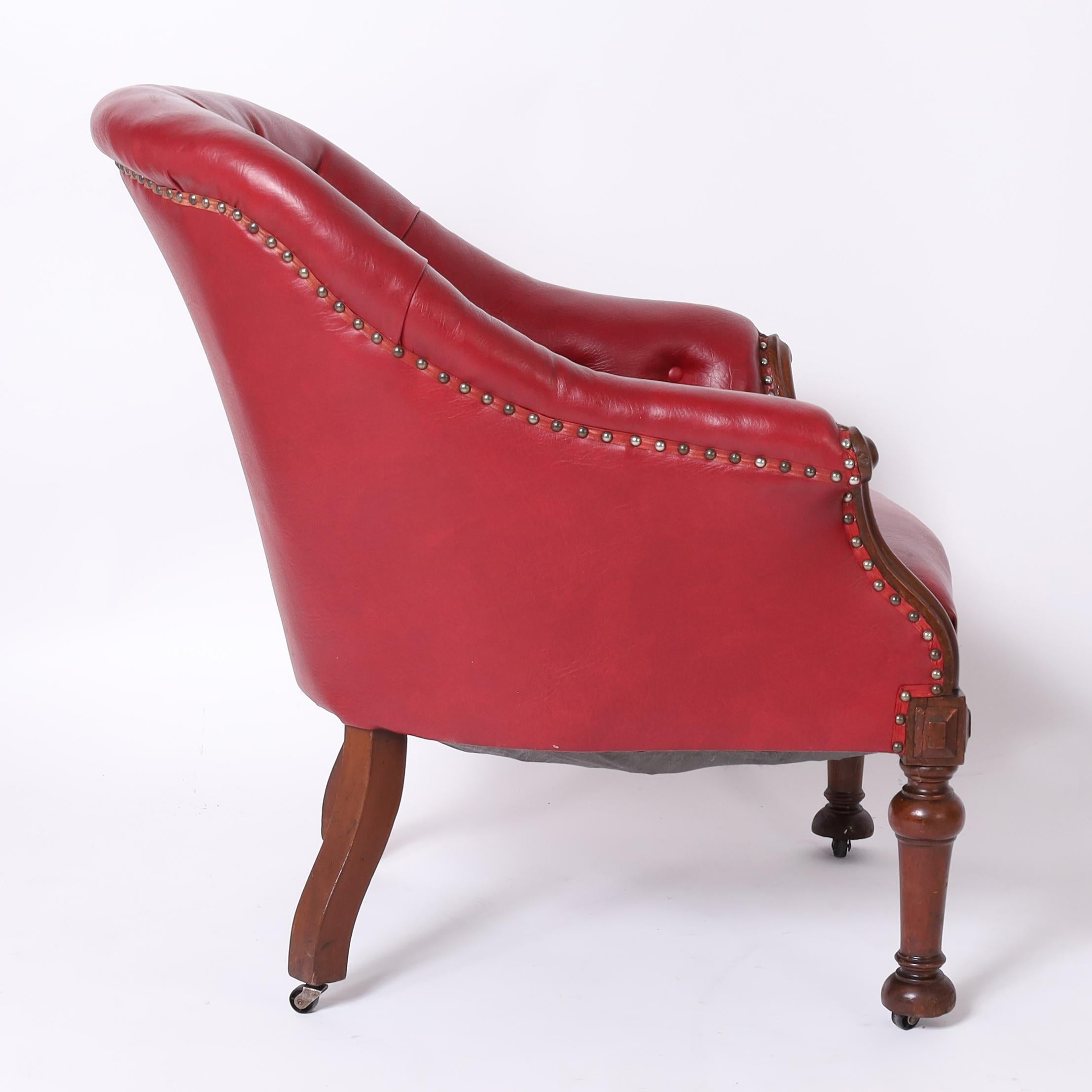 Hand-Crafted Pair of Antique English Tufted Red Faux Leather Club Chairs For Sale
