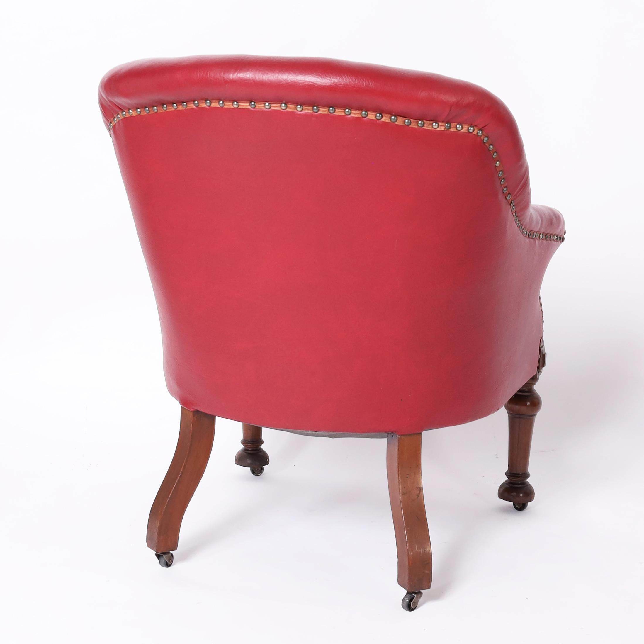 Pair of Antique English Tufted Red Faux Leather Club Chairs In Good Condition For Sale In Palm Beach, FL