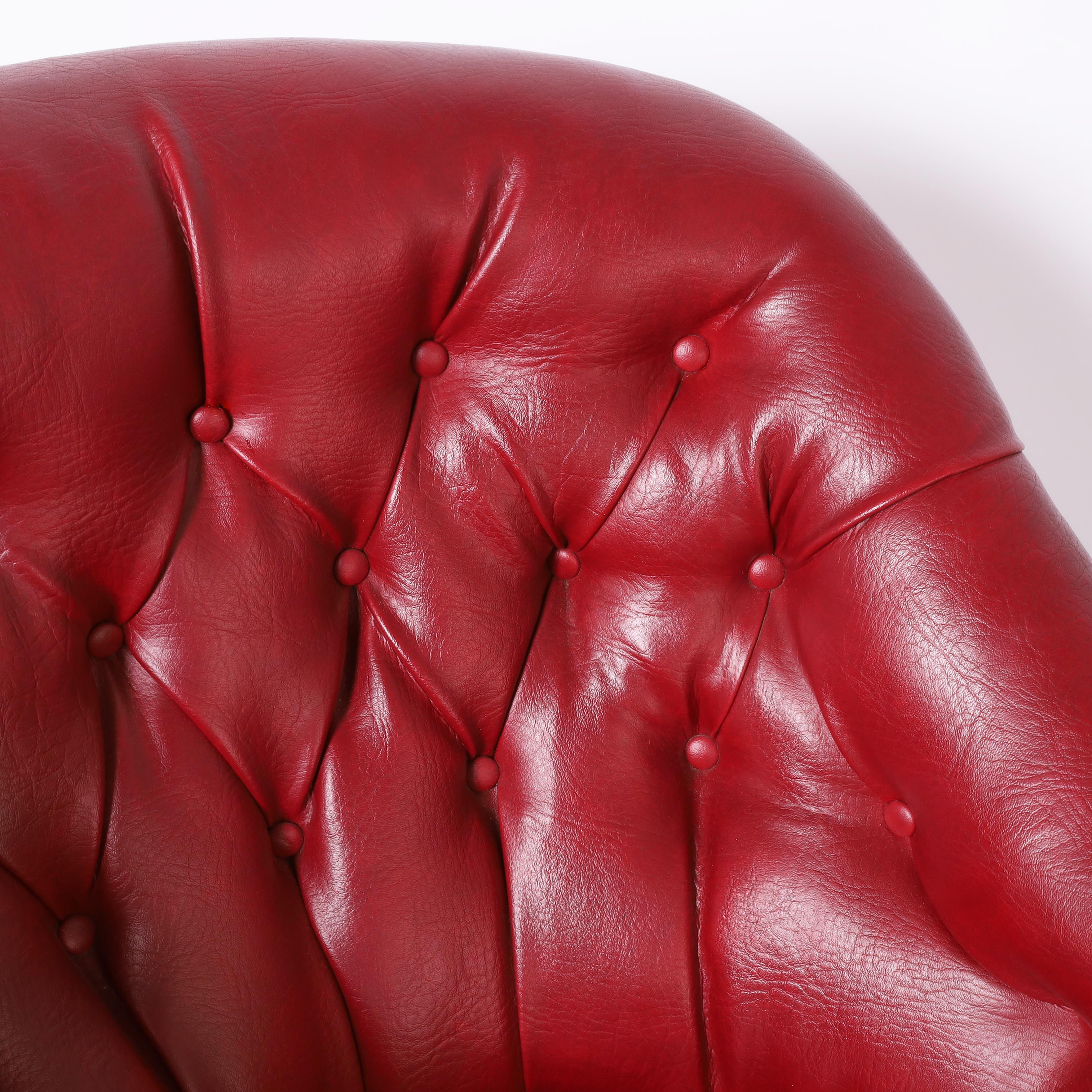 19th Century Pair of Antique English Tufted Red Faux Leather Club Chairs For Sale