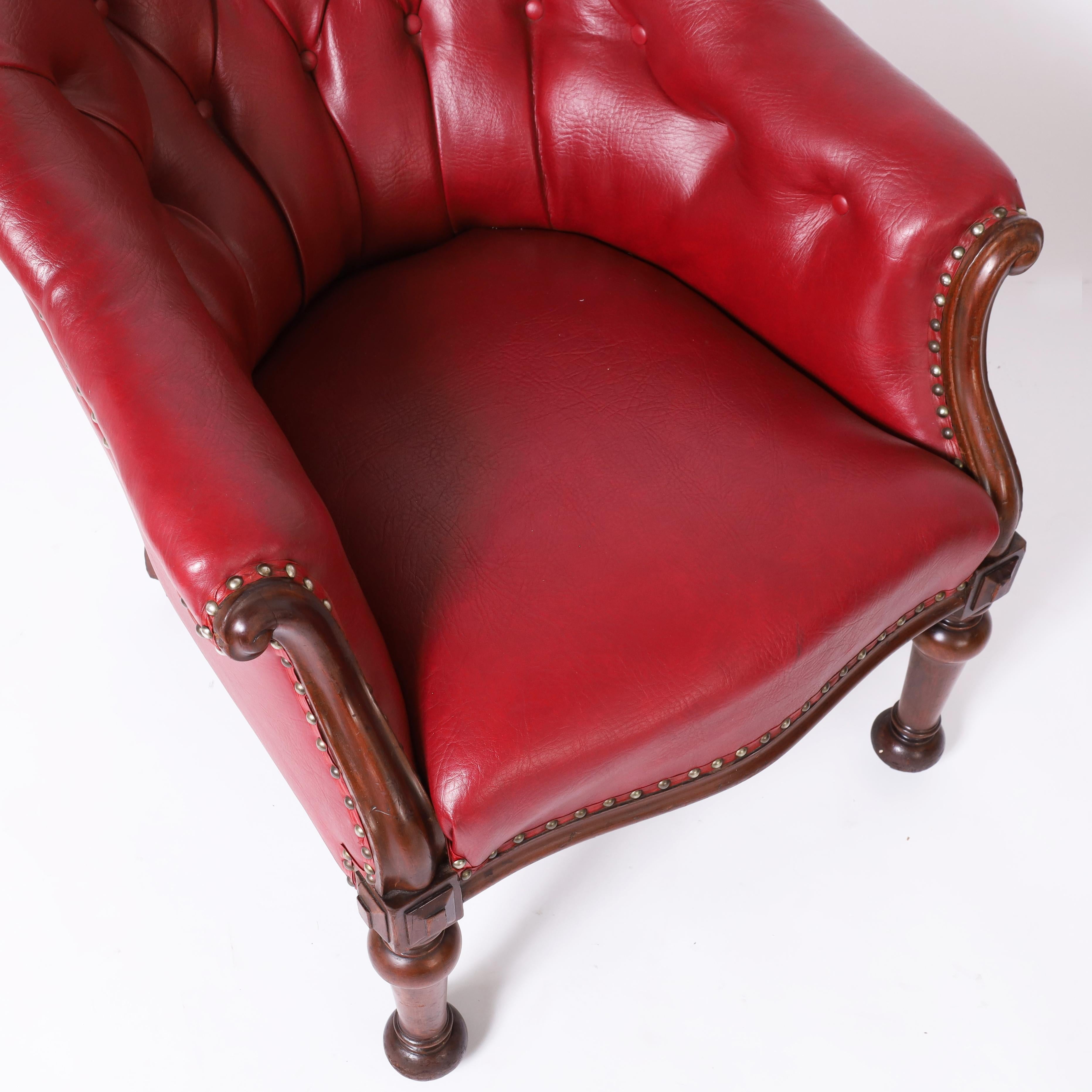 Pair of Antique English Tufted Red Faux Leather Club Chairs For Sale 1