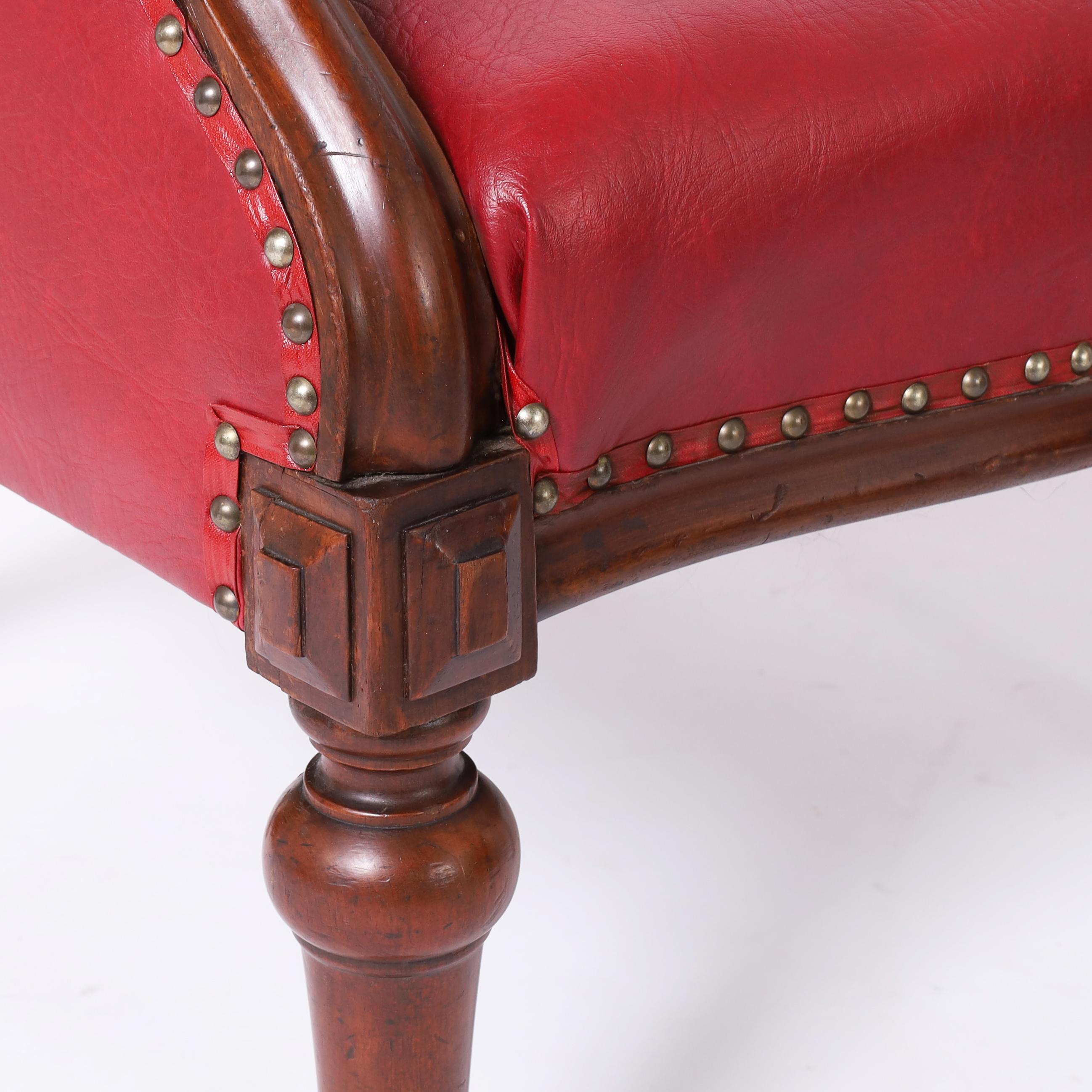 Pair of Antique English Tufted Red Faux Leather Club Chairs For Sale 3