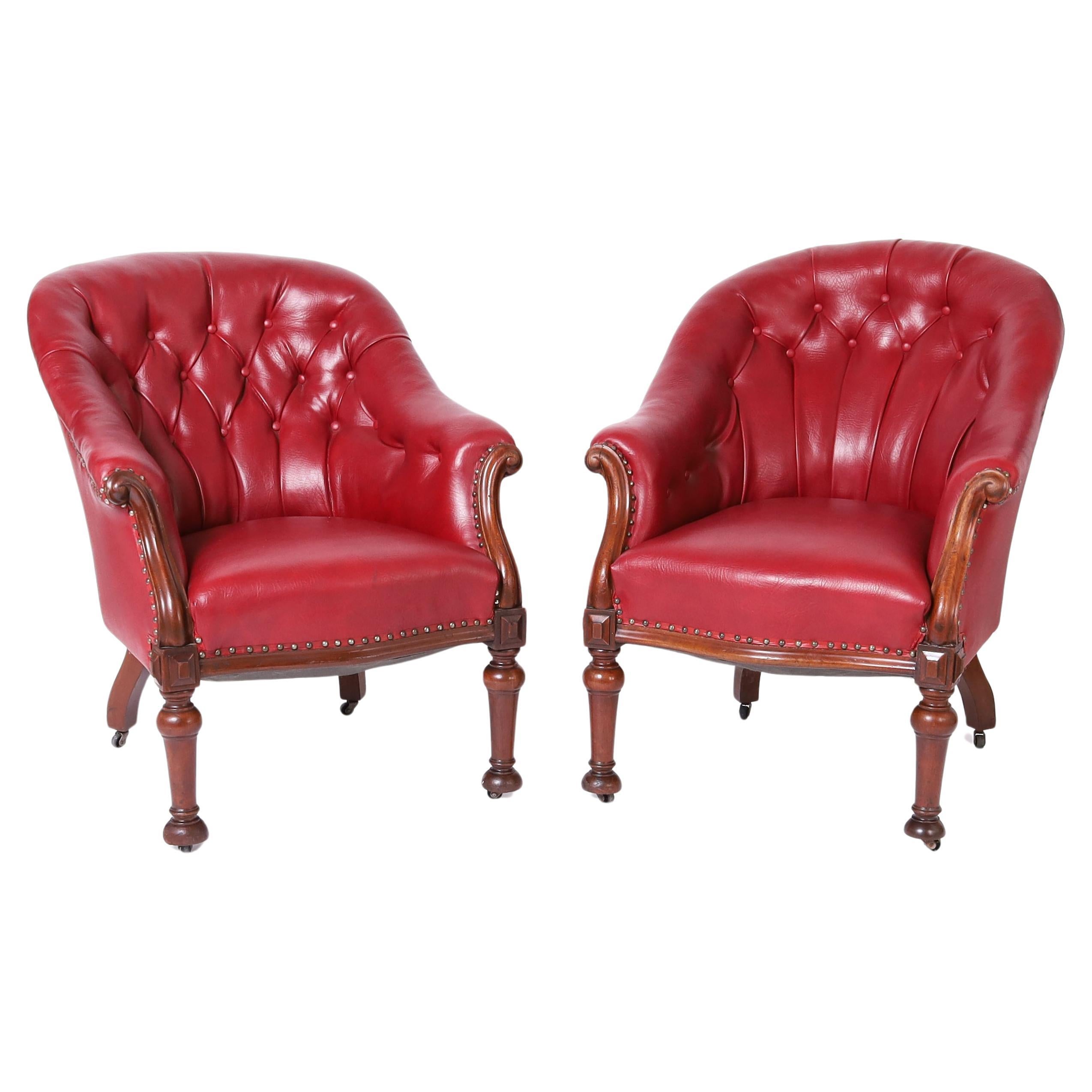 Pair of Antique English Tufted Red Faux Leather Club Chairs