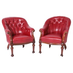 Pair of Antique English Tufted Red Faux Leather Club Chairs