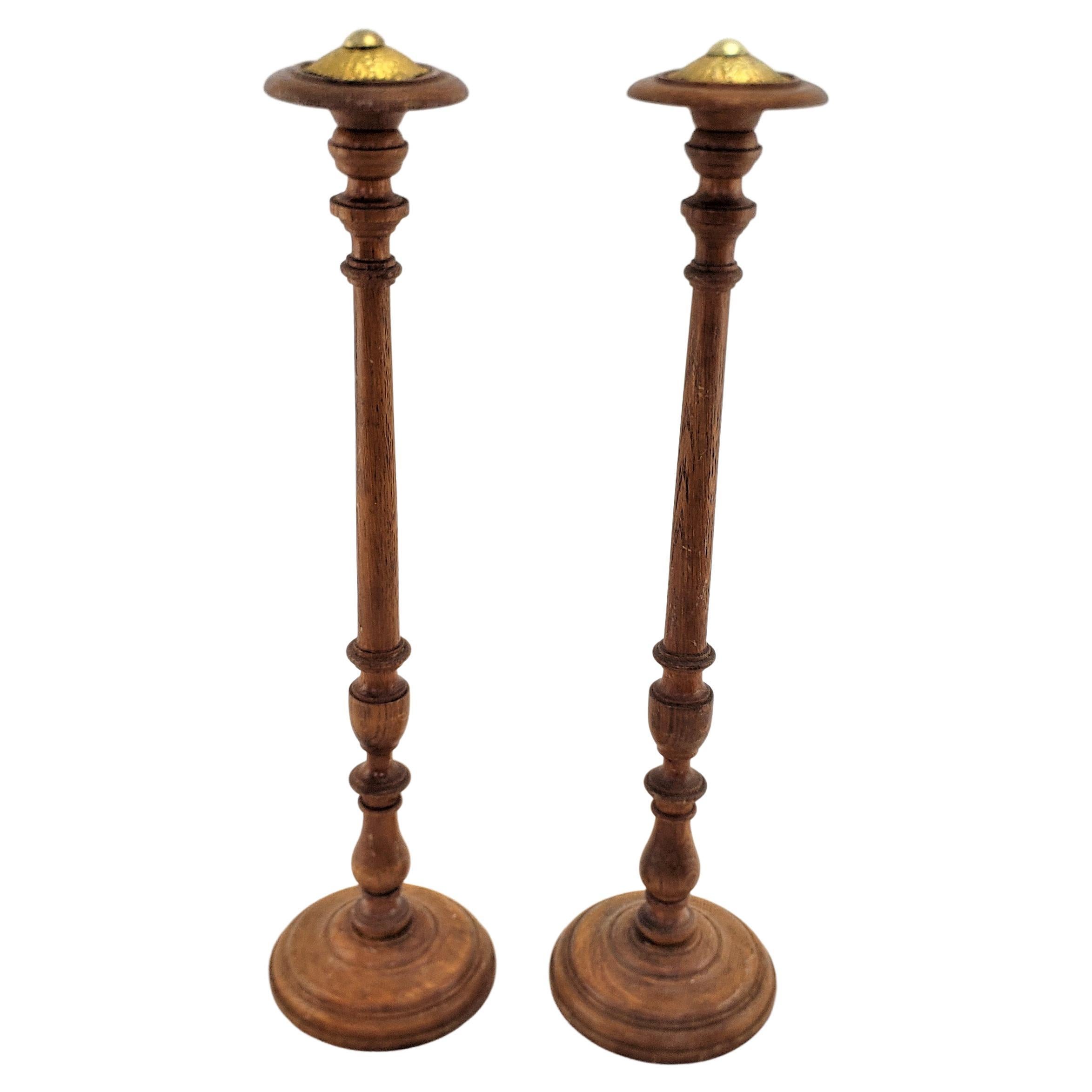 Pair of Antique English Turned Oak Mercantile Hat Stands w/ Engraved Brass Caps For Sale