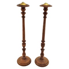 Pair of Antique English Turned Oak Mercantile Hat Stands w/ Engraved Brass Caps