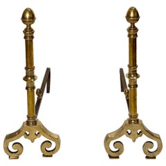 Pair of Antique English Victorian Brass Andirons, Circa 1880.