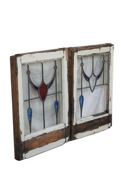 Pair of Antique English Victorian Leaded Stained Glass Reclaimed Window Panels