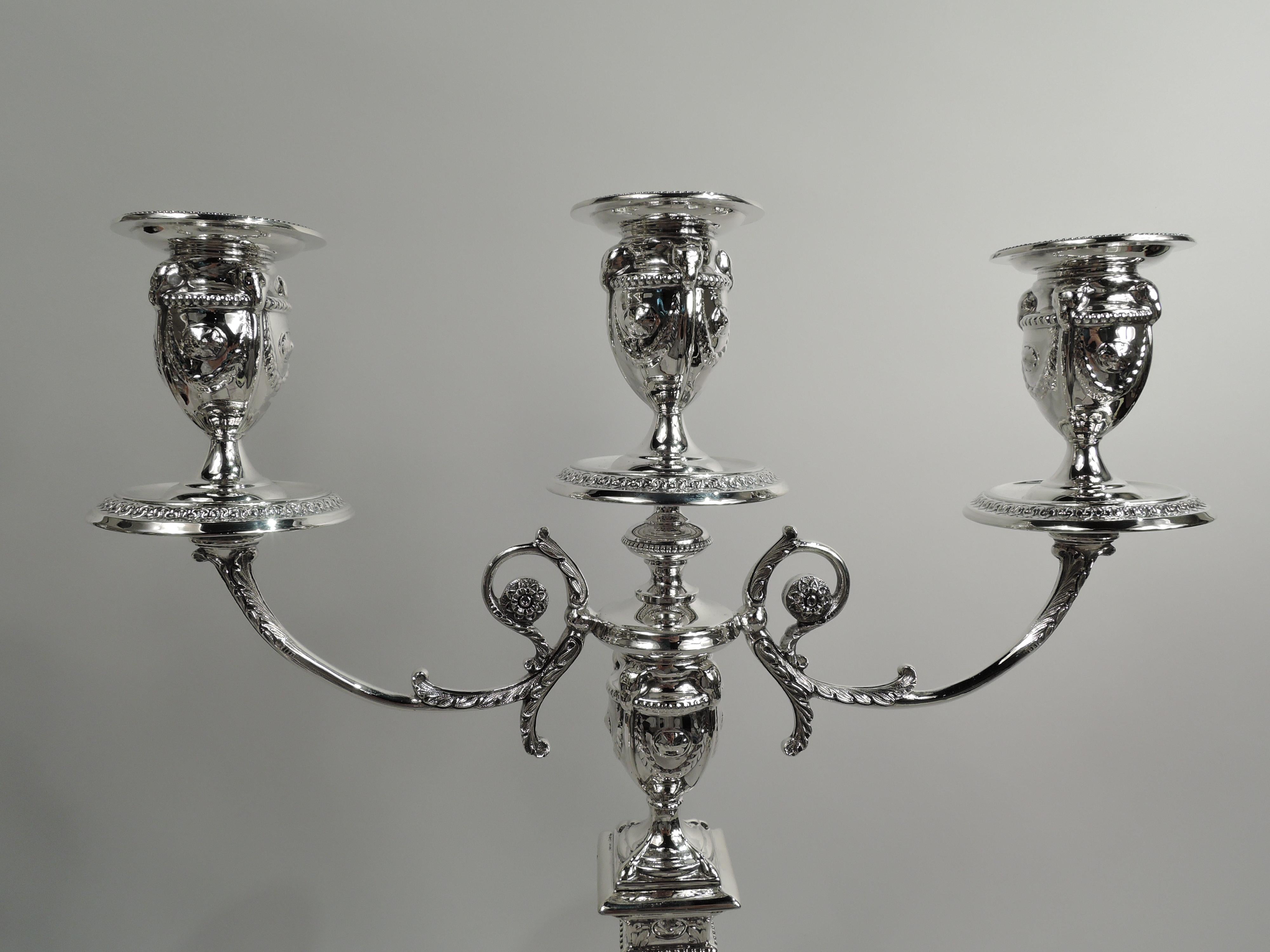 Neoclassical Revival Pair of Antique English Victorian Neoclassical 3-Light Candelabra For Sale