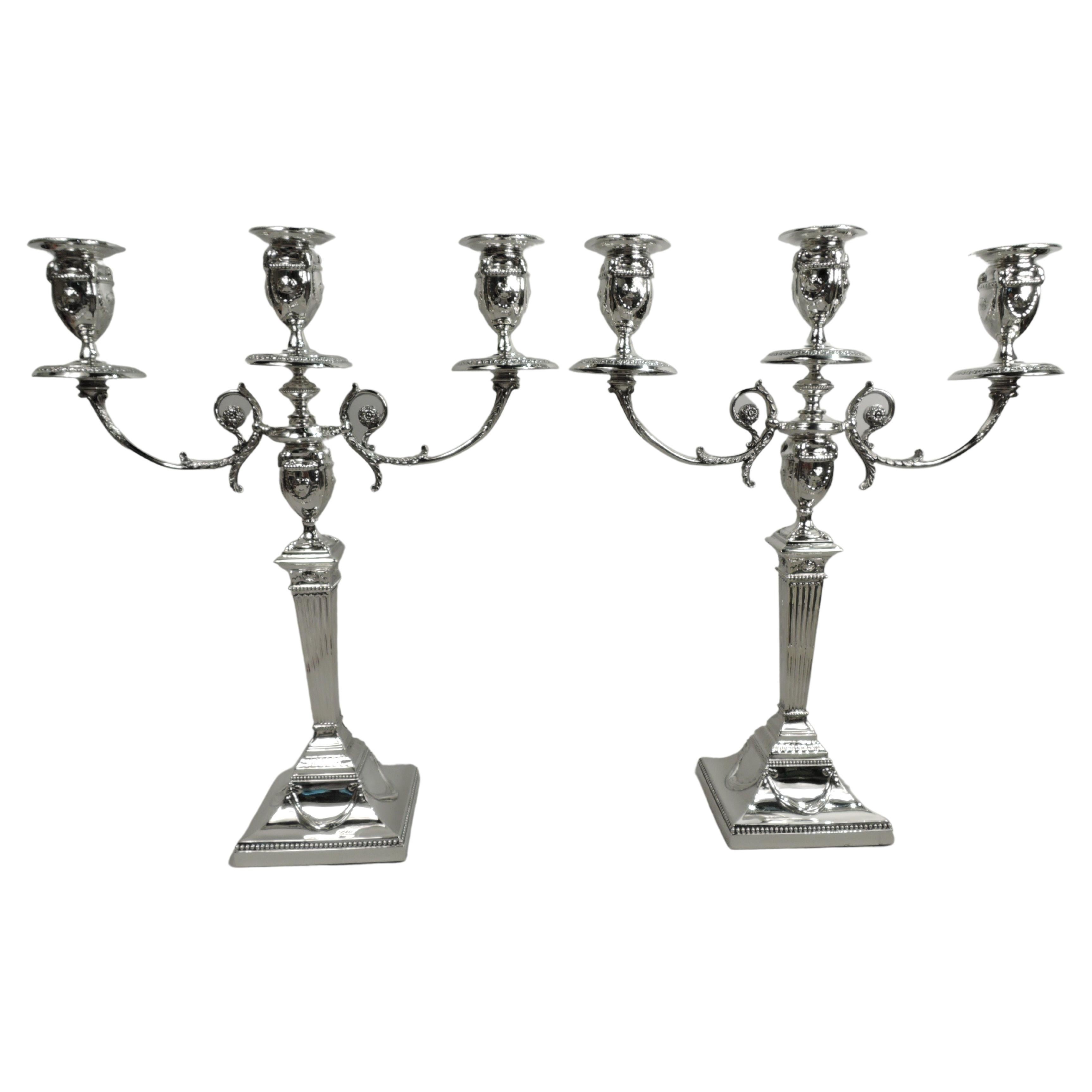 Pair of Antique English Victorian Neoclassical 3-Light Candelabra
