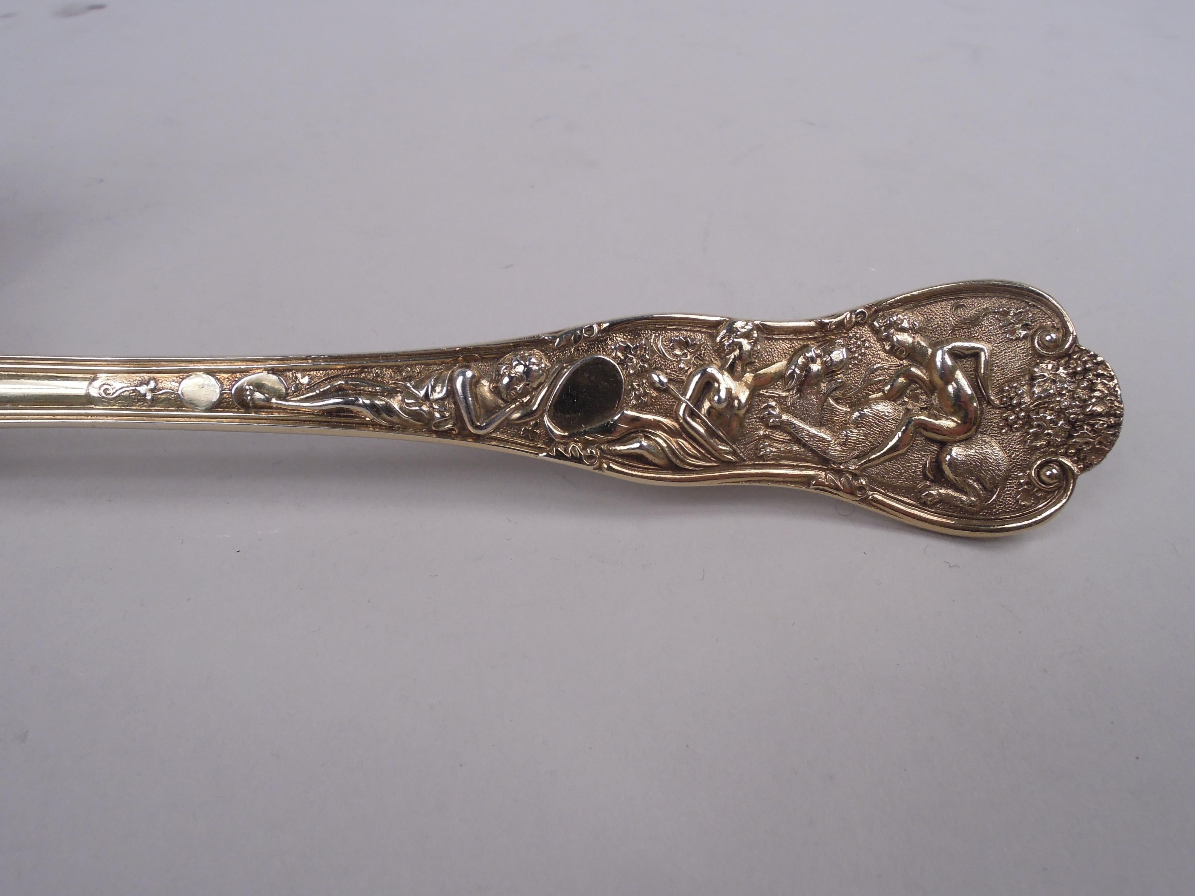 Regency Pair of Antique English Victorian Stag Hunt Silver Gilt Berry Spoons 1886 For Sale