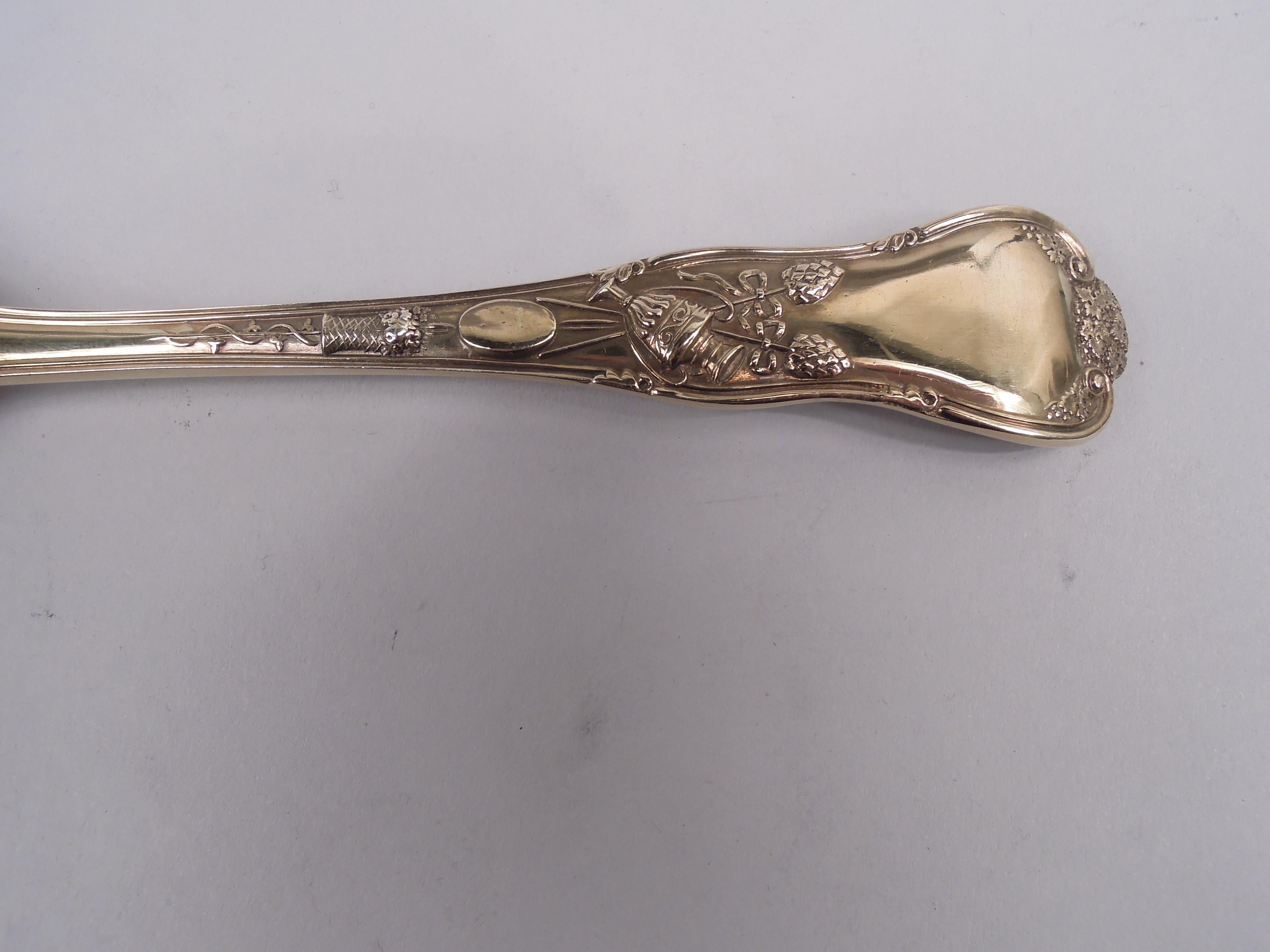 British Pair of Antique English Victorian Stag Hunt Silver Gilt Berry Spoons 1886 For Sale
