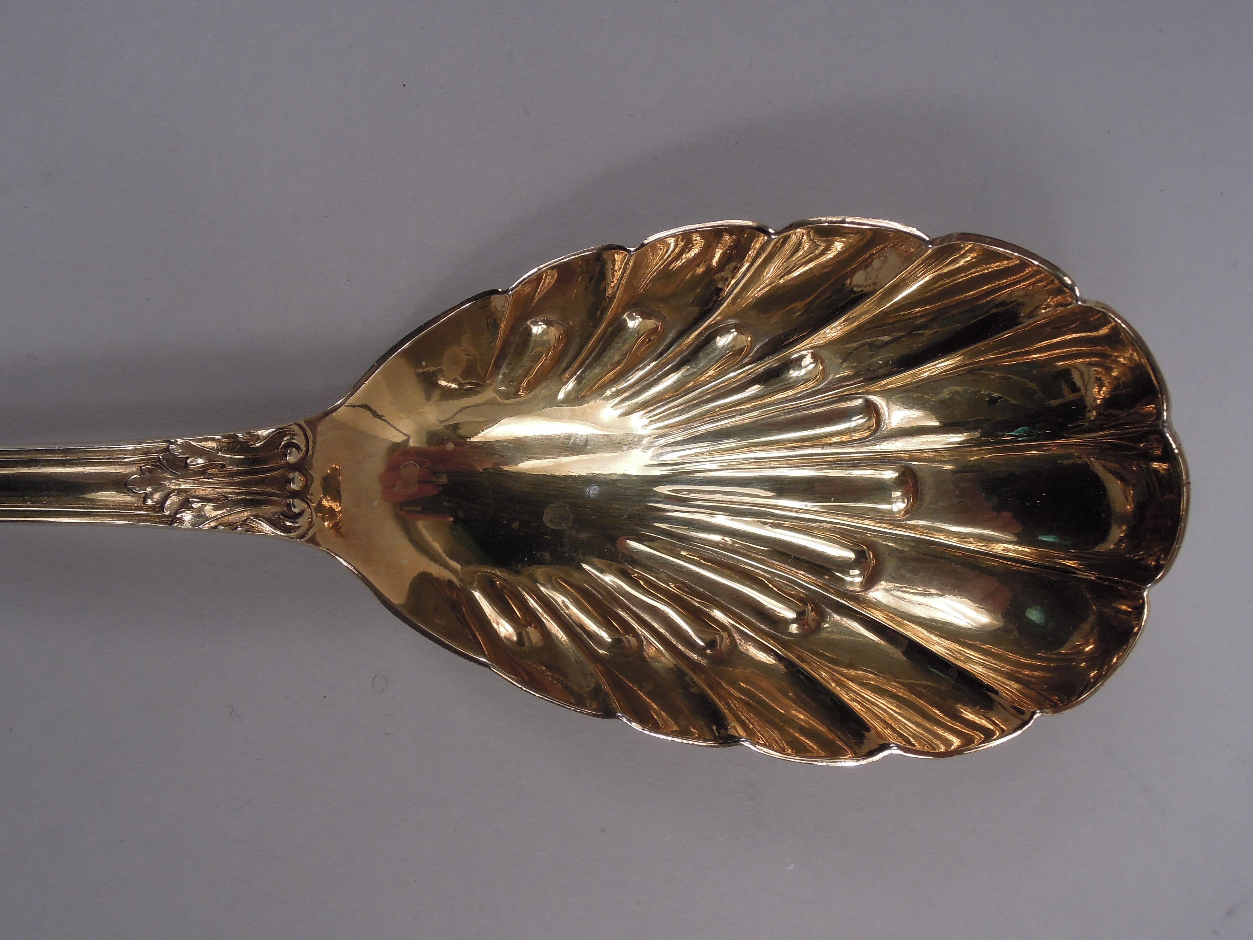 Sterling Silver Pair of Antique English Victorian Stag Hunt Silver Gilt Berry Spoons 1886 For Sale