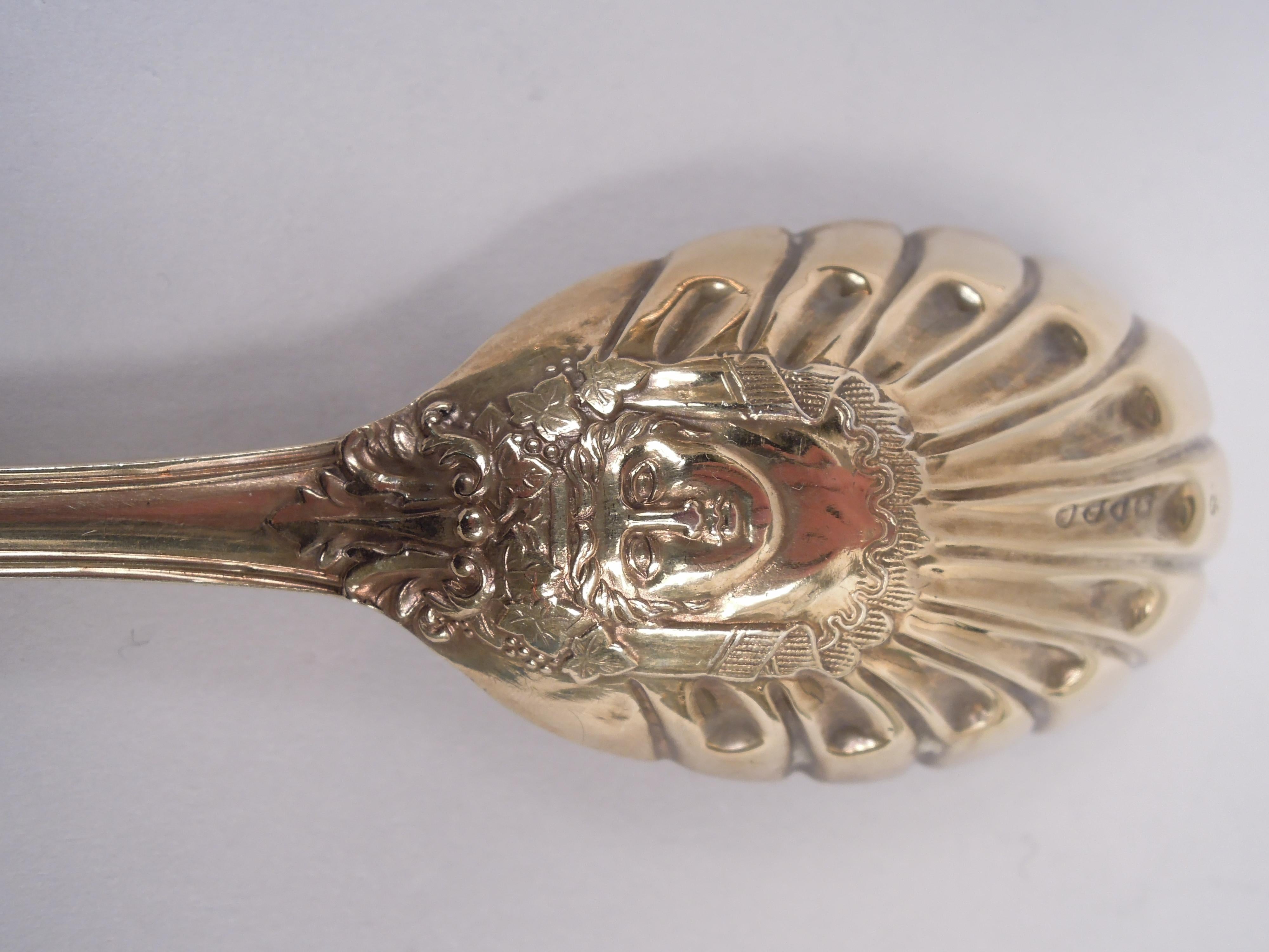Pair of Antique English Victorian Stag Hunt Silver Gilt Berry Spoons 1886 For Sale 1