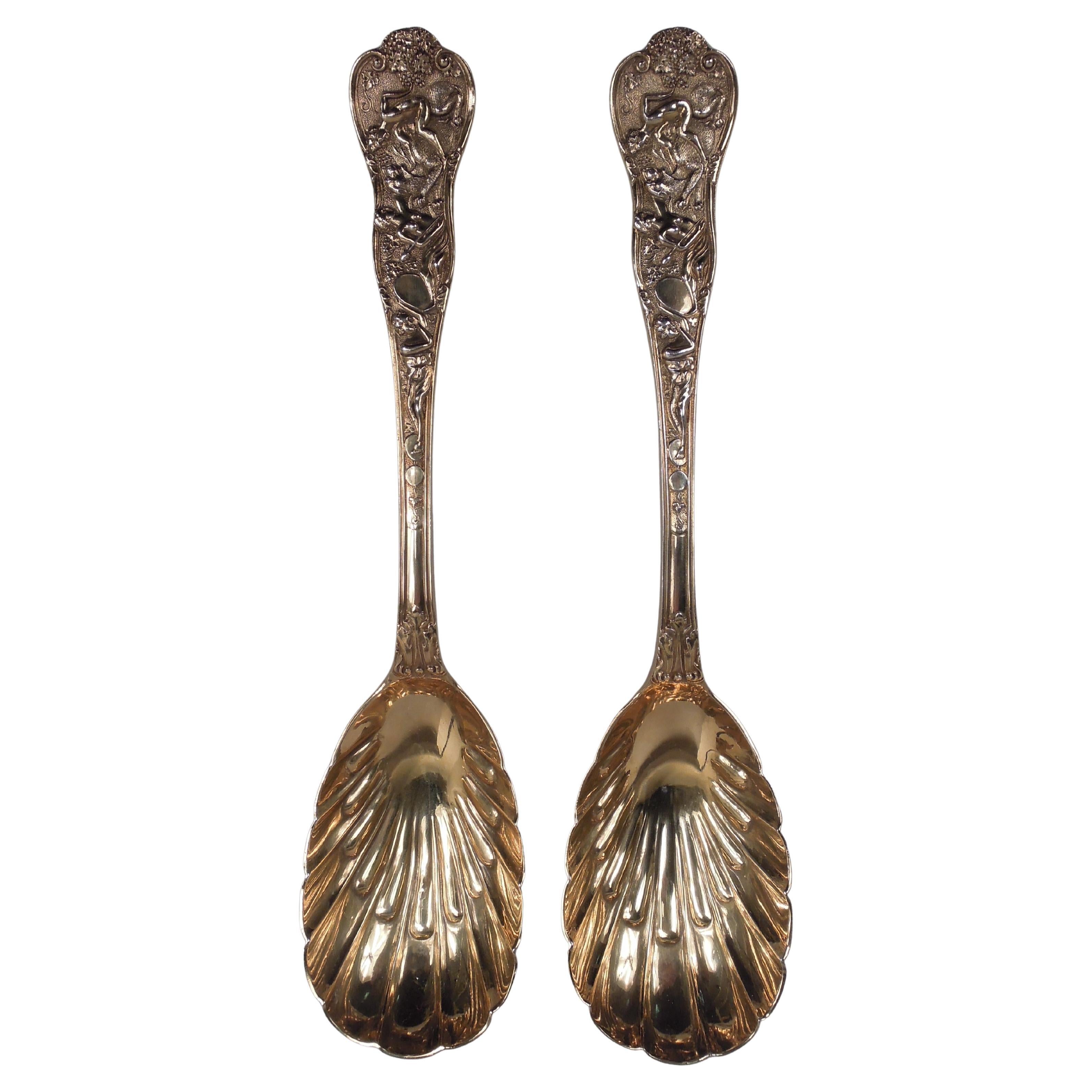 Pair of Antique English Victorian Stag Hunt Silver Gilt Berry Spoons 1886 For Sale