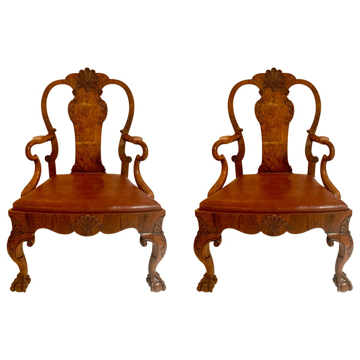 Pair of Antique English Walnut 19th Century Armchairs