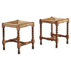 Pair of Antique English Walnut + Rush Seat Stools