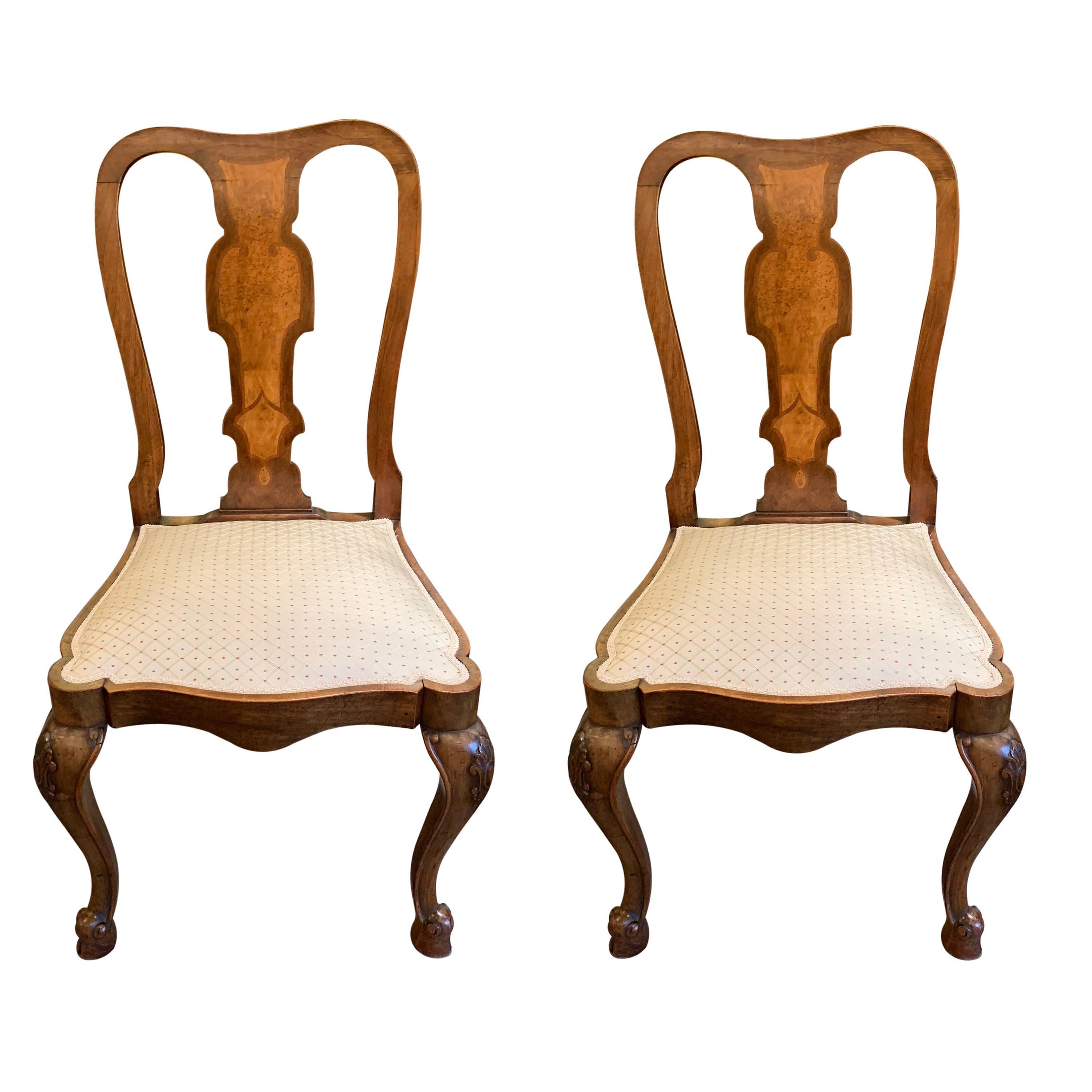 Pair of Antique English Walnut Side Chairs For Sale