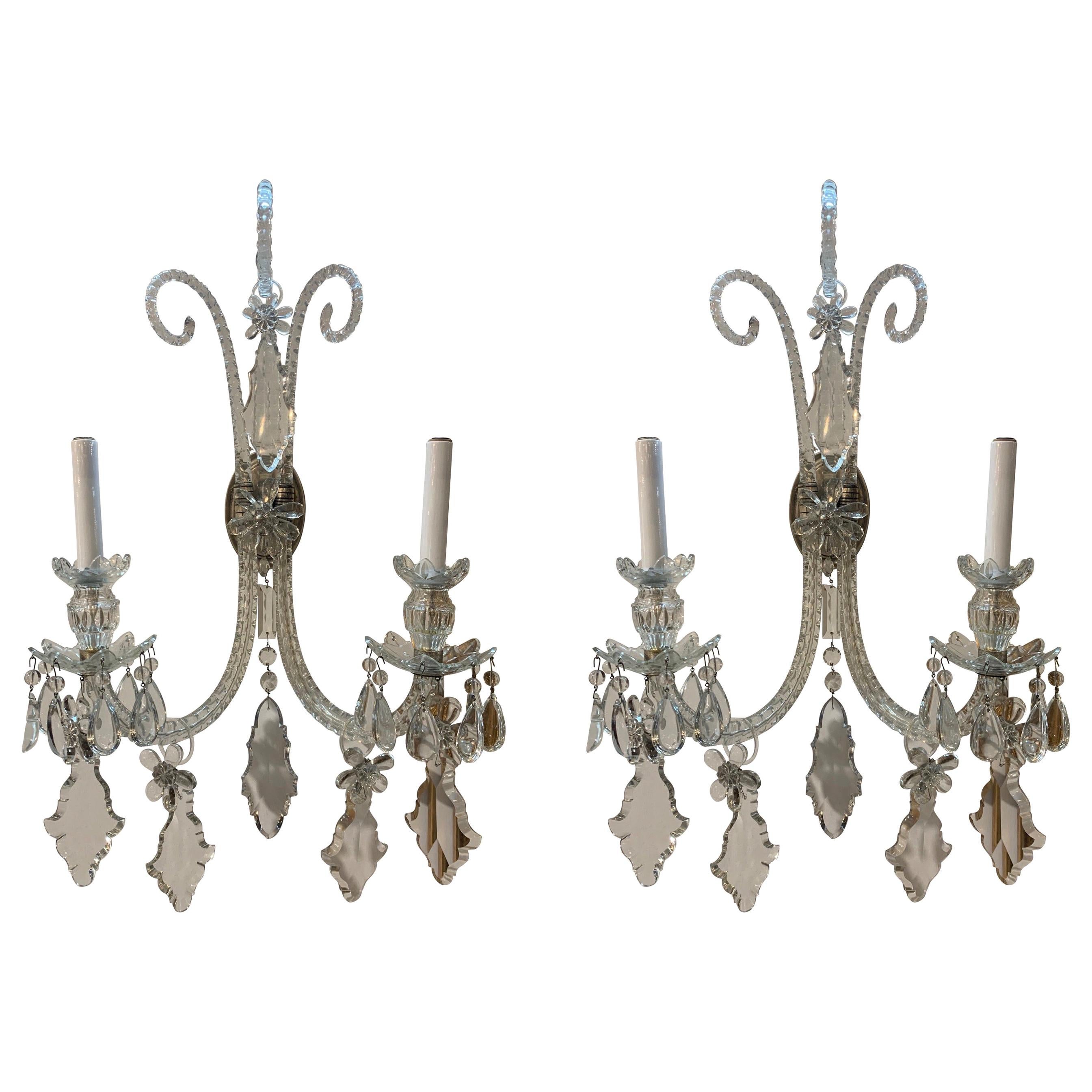 Pair of Antique English Waterford Style Crystal Wall Sconces