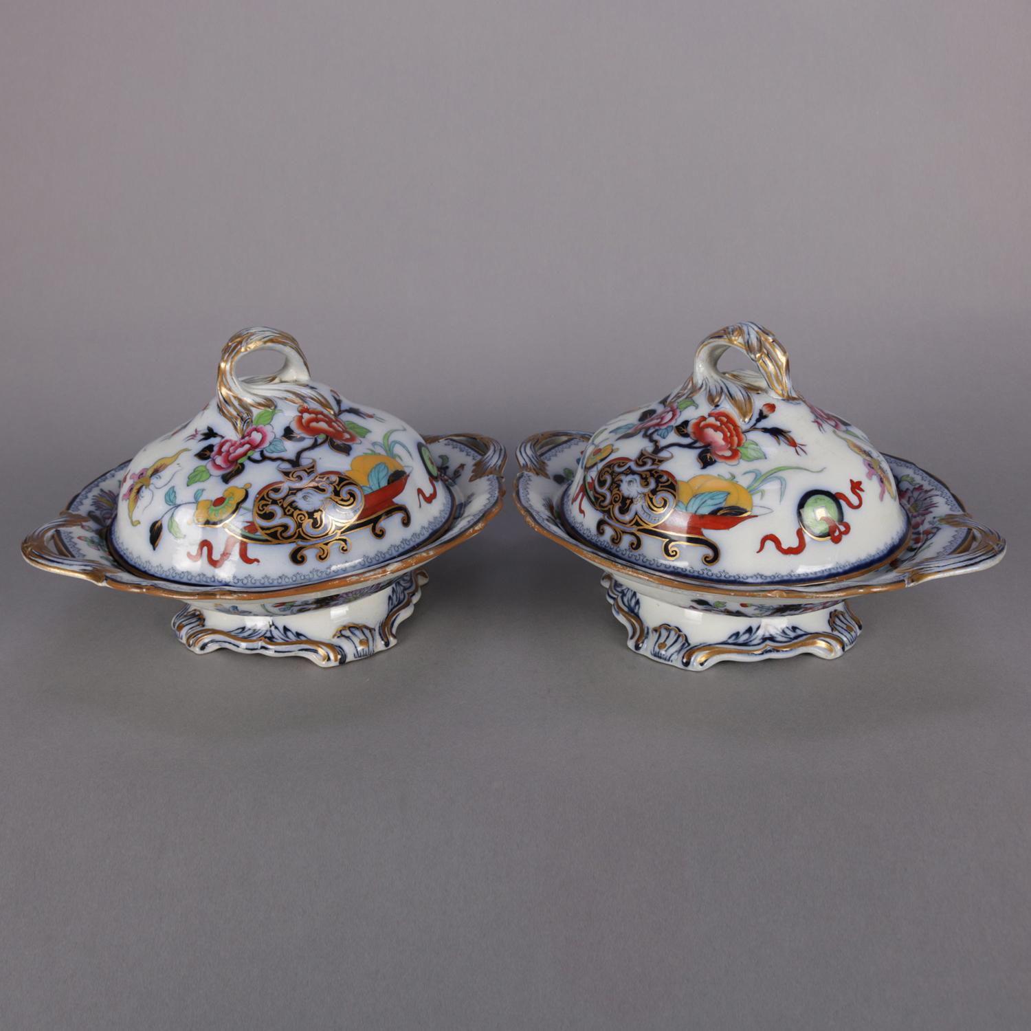 Chinoiserie Pair of Antique English Wedgwood Noma Flow Blue and Gilt Porcelain Tureens