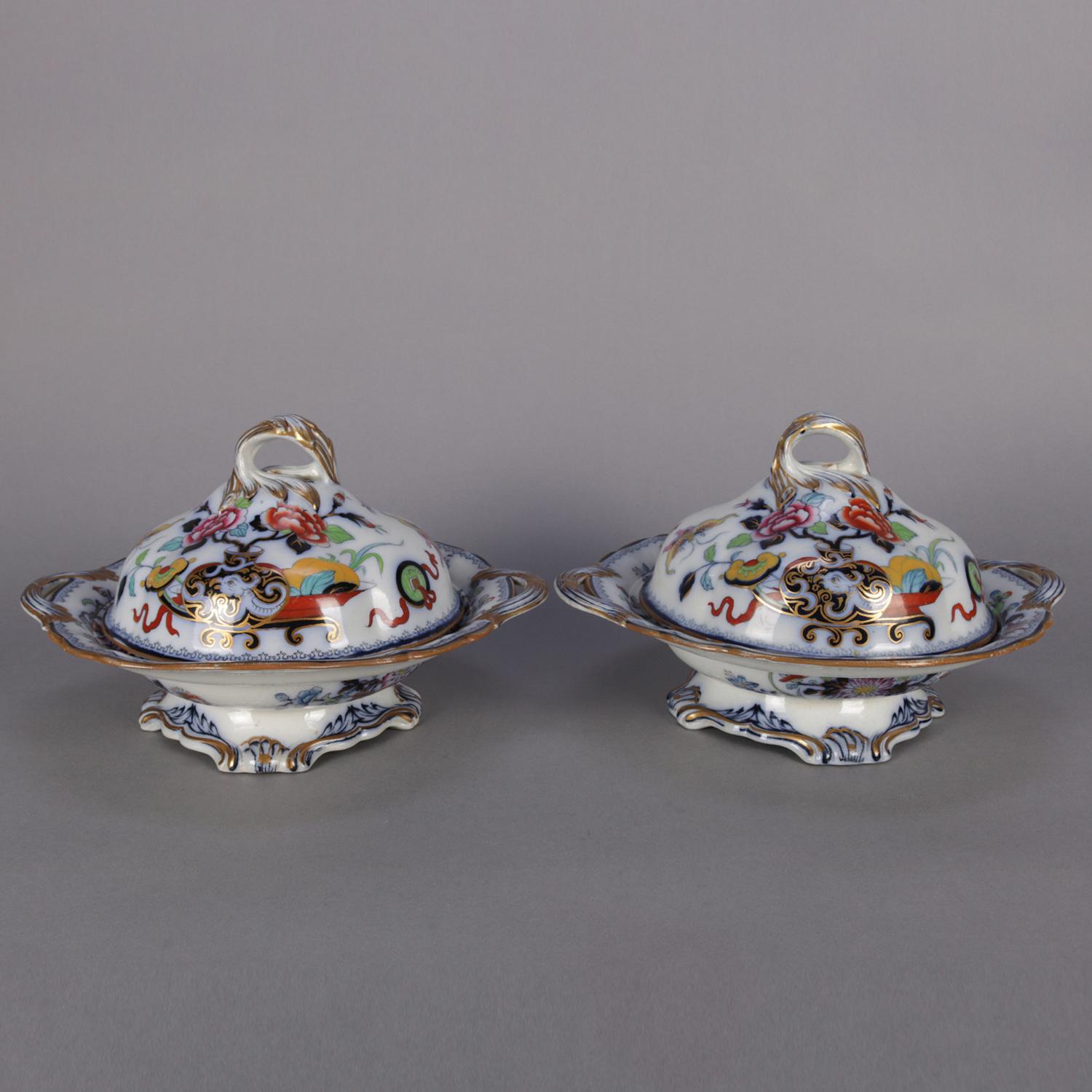 19th Century Pair of Antique English Wedgwood Noma Flow Blue and Gilt Porcelain Tureens