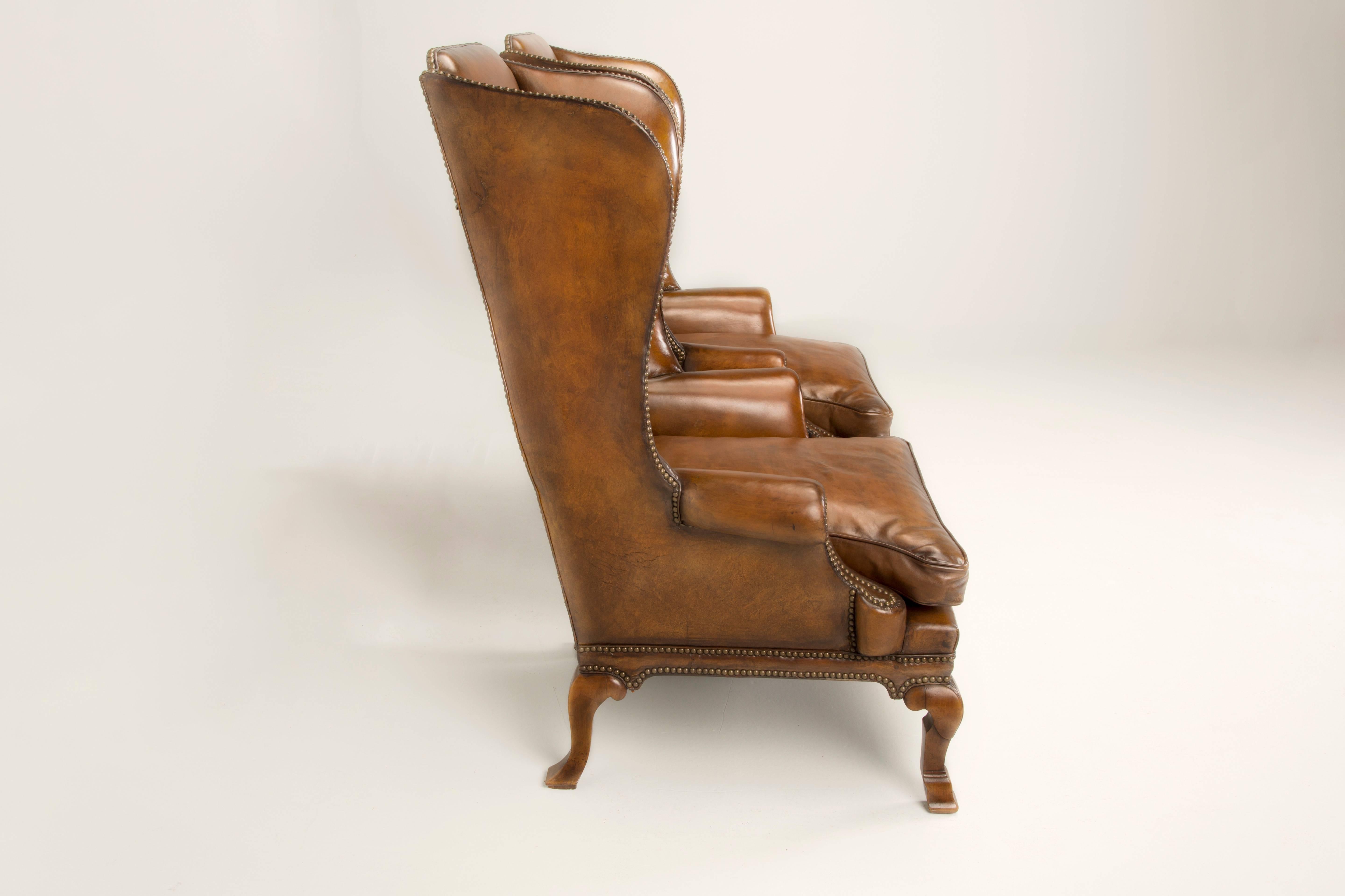Queen Anne Pair of Antique English Wingback Leather Chairs, circa 1890
