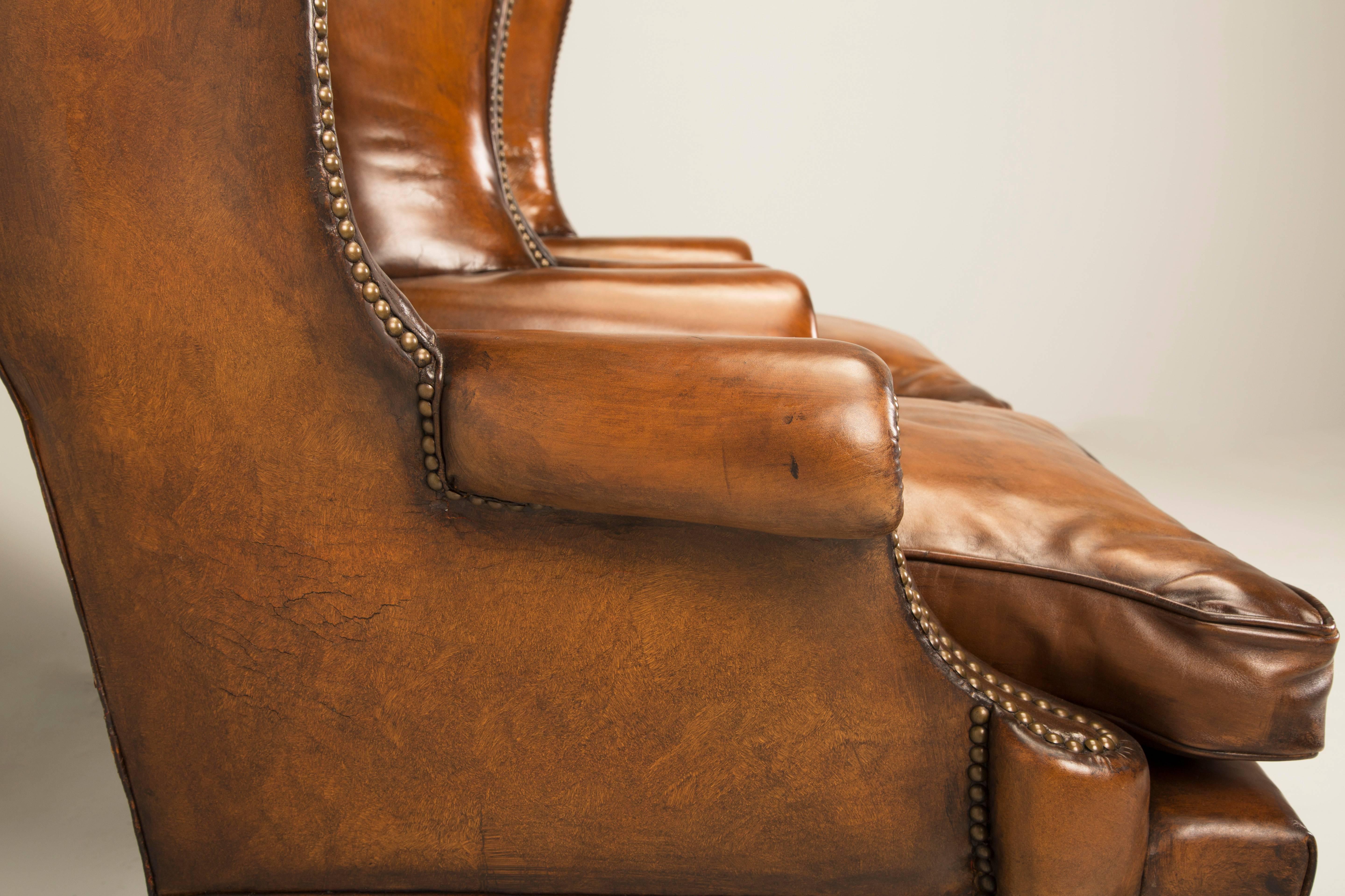 Pair of Antique English Wingback Leather Chairs, circa 1890 In Good Condition In Chicago, IL