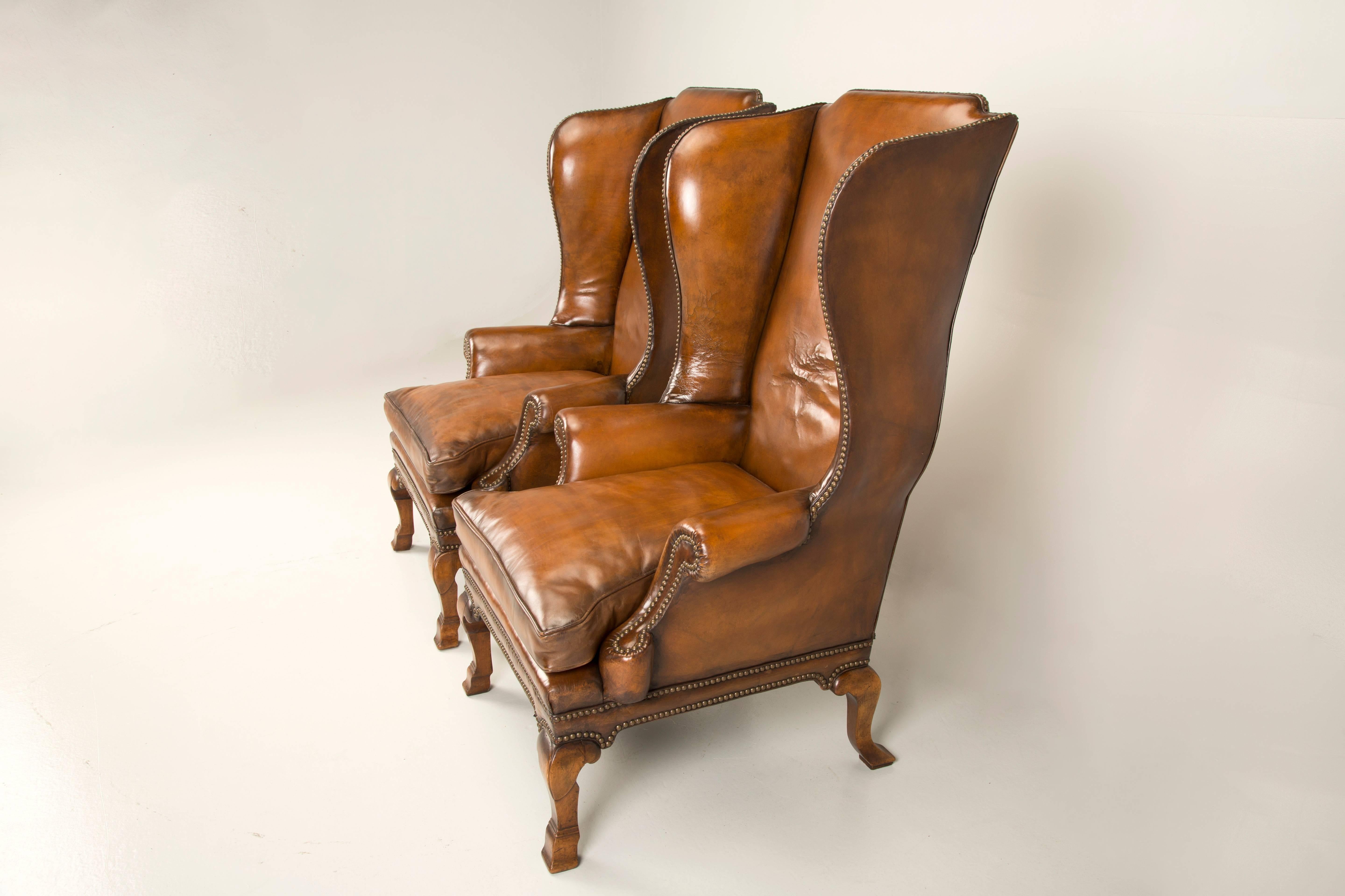 Late 19th Century Pair of Antique English Wingback Leather Chairs, circa 1890