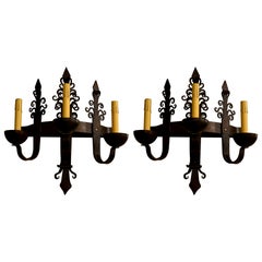 Pair of Antique English Wrought Iron 3-Light Sconces, circa 1900-1910