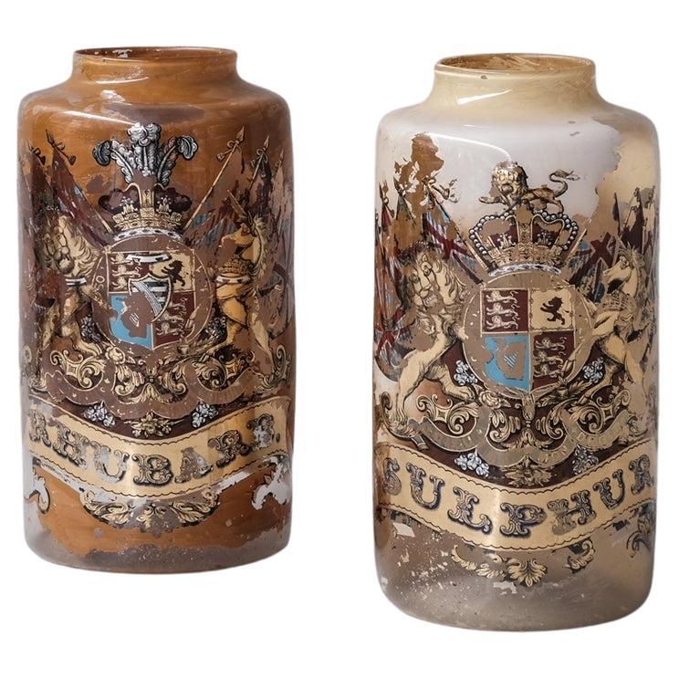 Pair of Antique English XL Glass Apothecary Pots For Sale