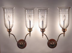 Pair of Antique Etched Hurricane Shade Double Arm Wall Sconces