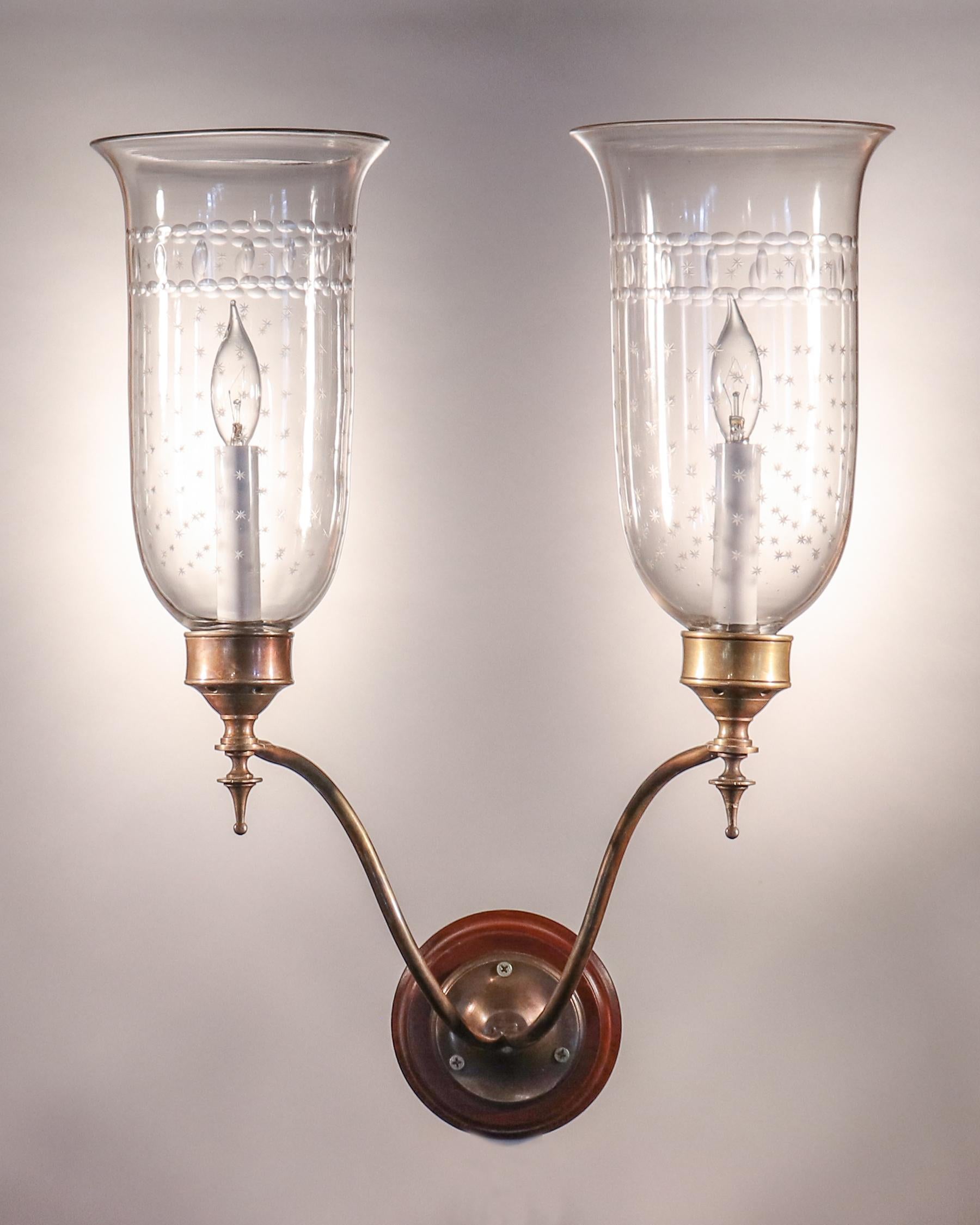 High Victorian Pair of Antique Etched Hurricane Shade Double Arm Wall Sconces