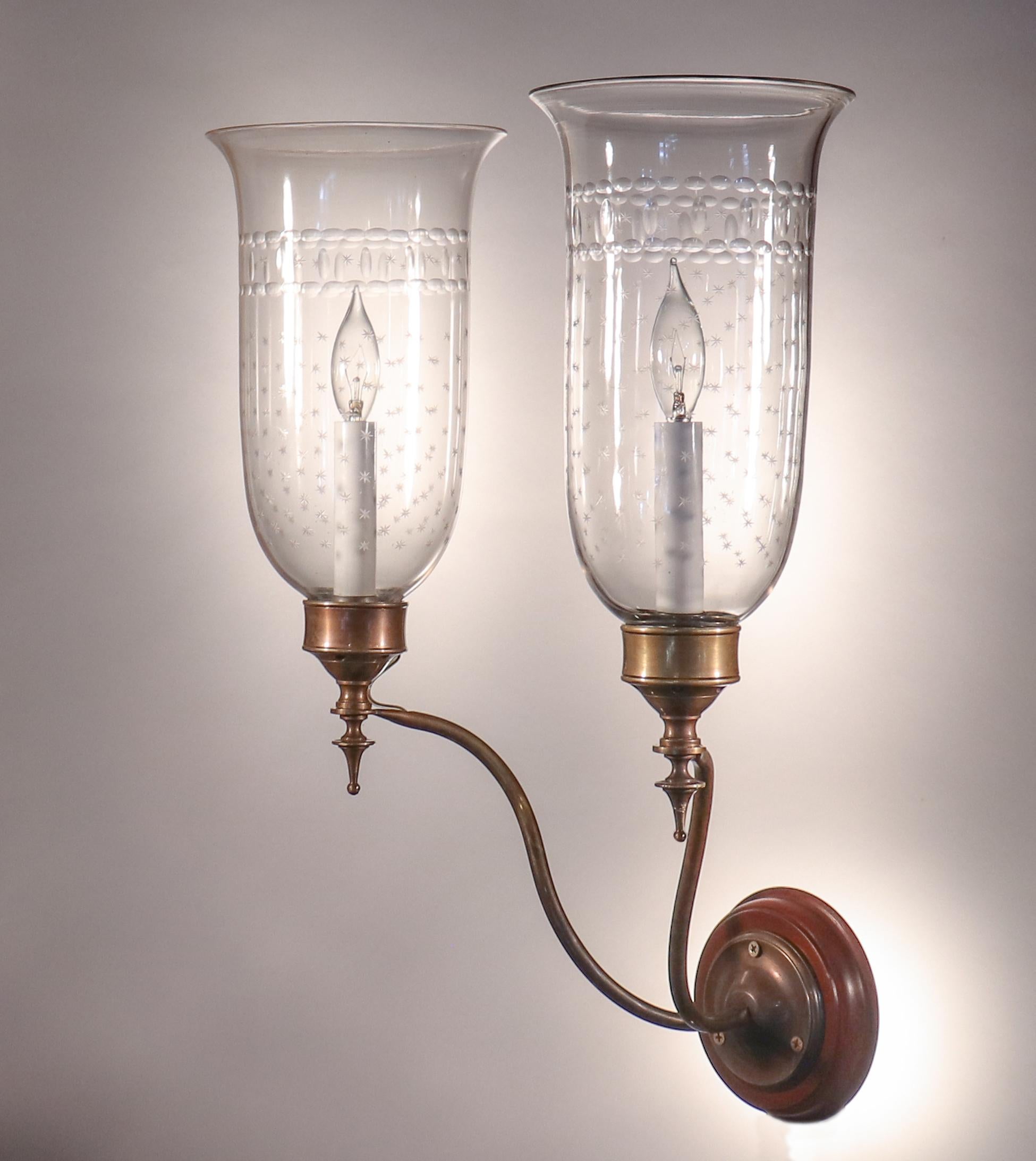 English Pair of Antique Etched Hurricane Shade Double Arm Wall Sconces