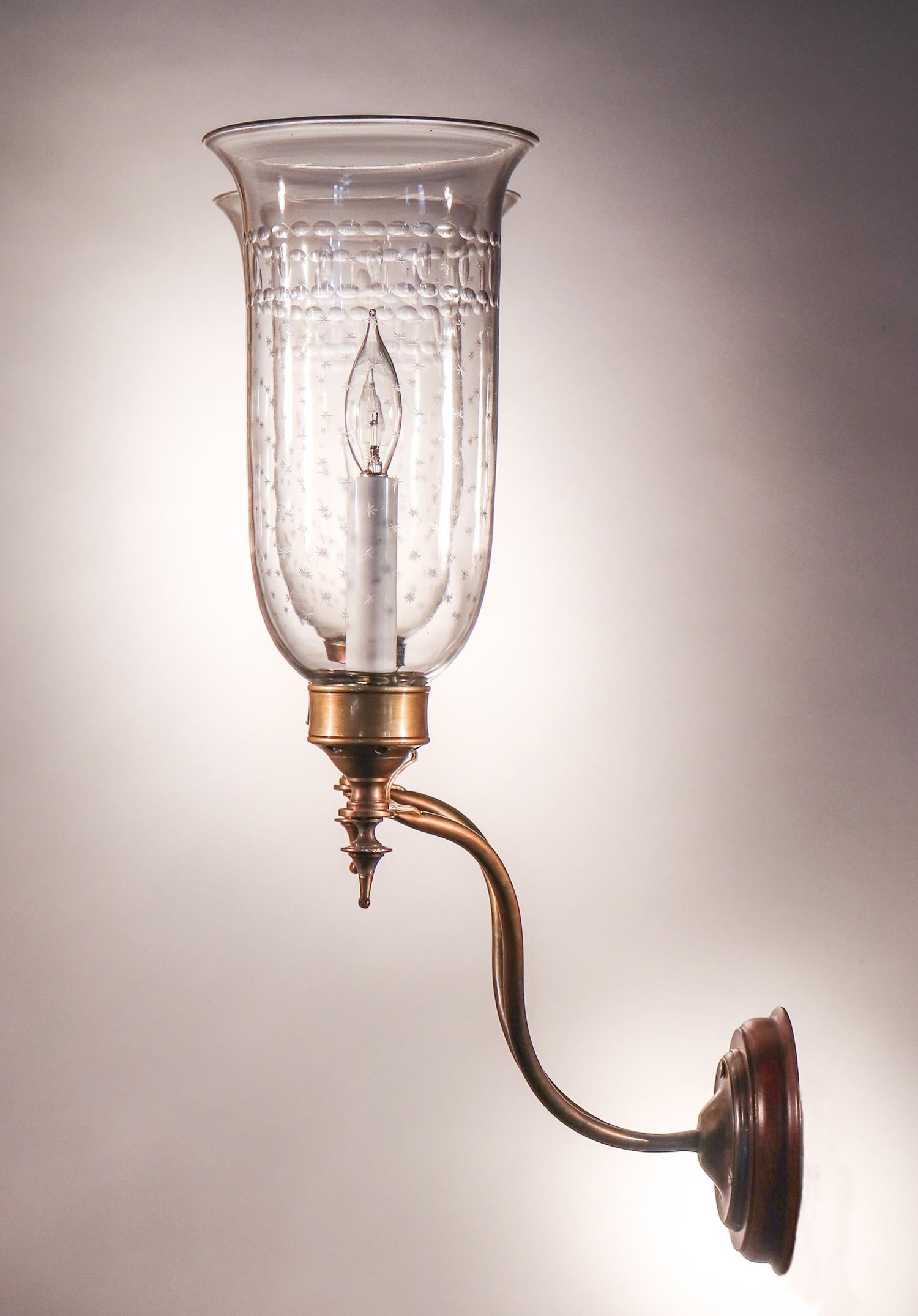 19th Century Pair of Antique Etched Hurricane Shade Double Arm Wall Sconces