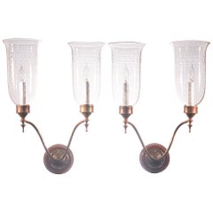 Pair of Antique Etched Hurricane Shade Double Arm Wall Sconces