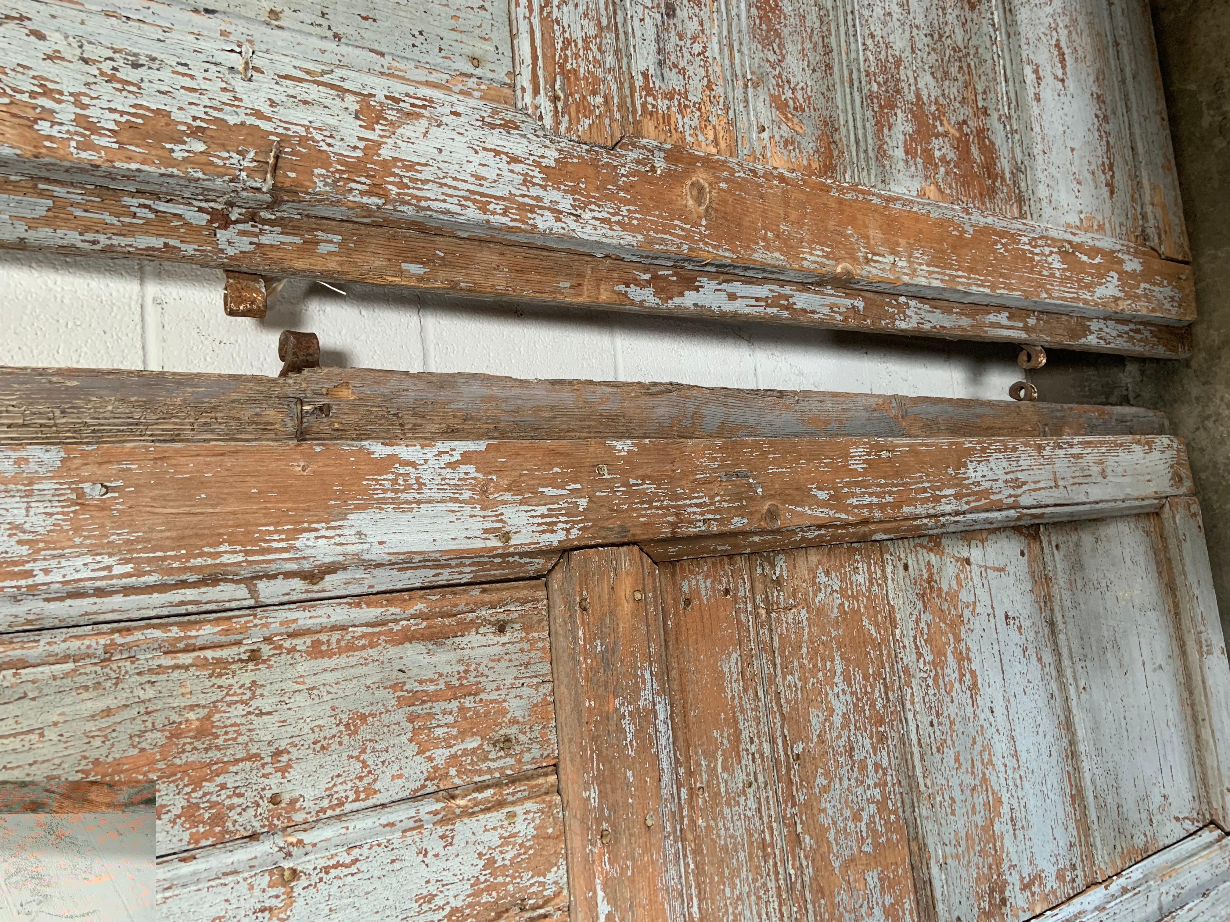 Beautiful rustic painted doors with iron hardware, wonderfully preserved. No key. Measurement listed is for both doors latched together, left door 24