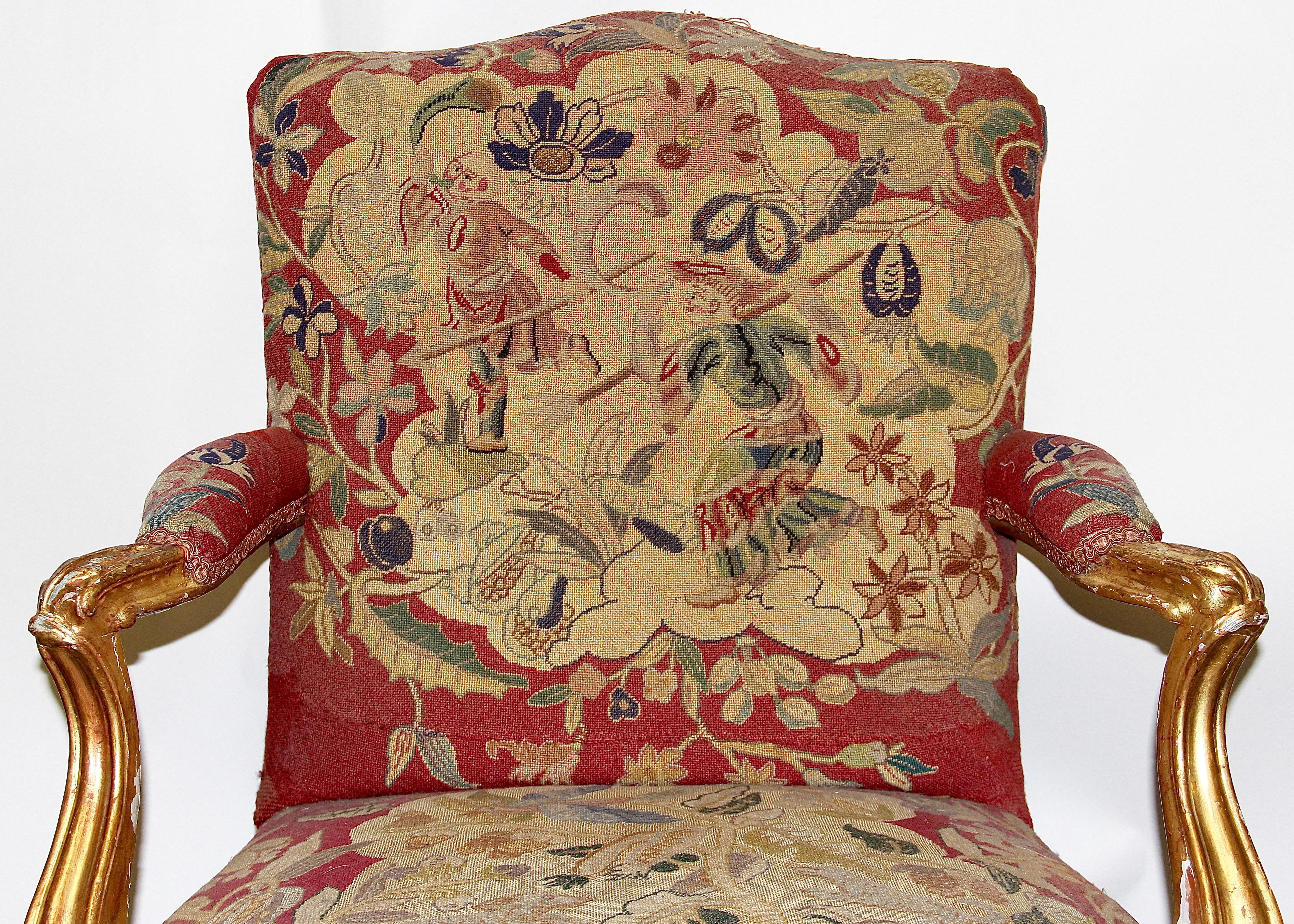 Pair of Antique European Baroque Armchairs, Gilded, with Original Tapestry 5