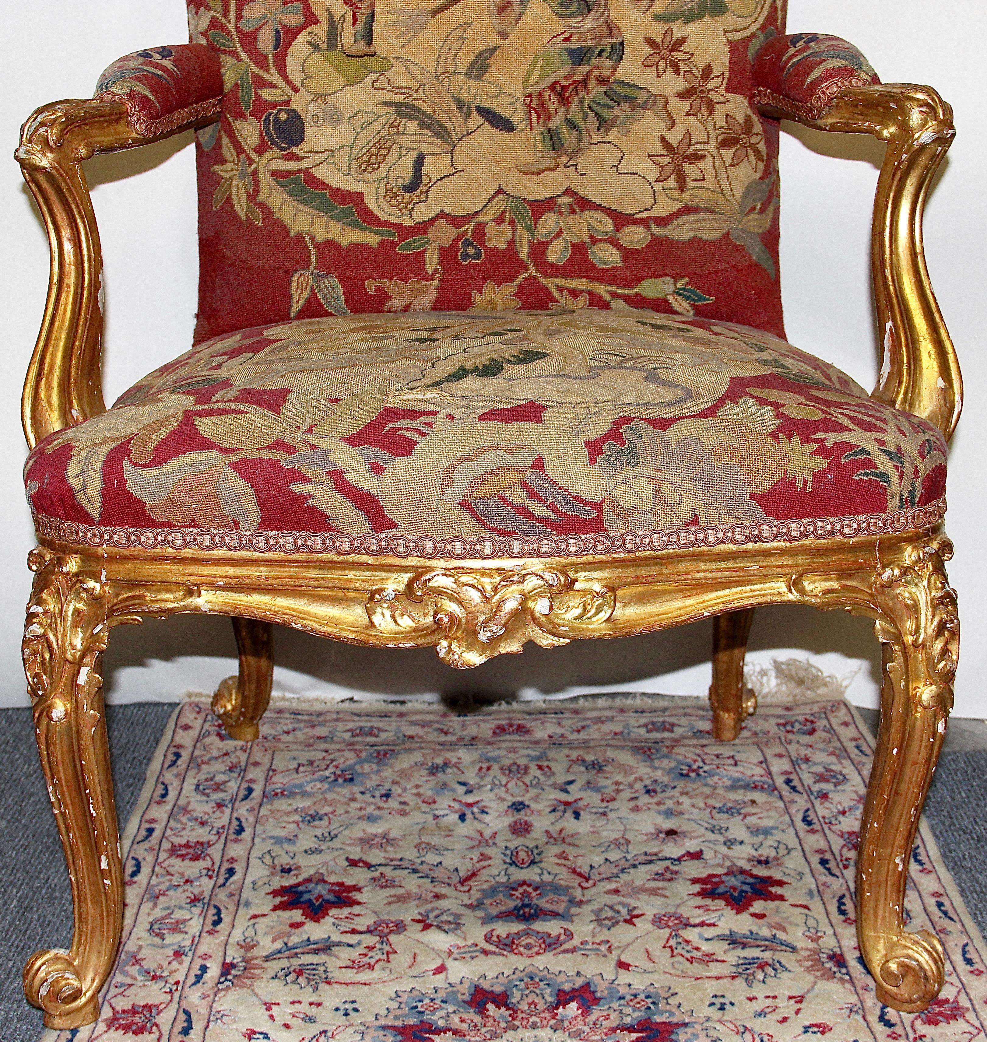 Pair of Antique European Baroque Armchairs, Gilded, with Original Tapestry 6