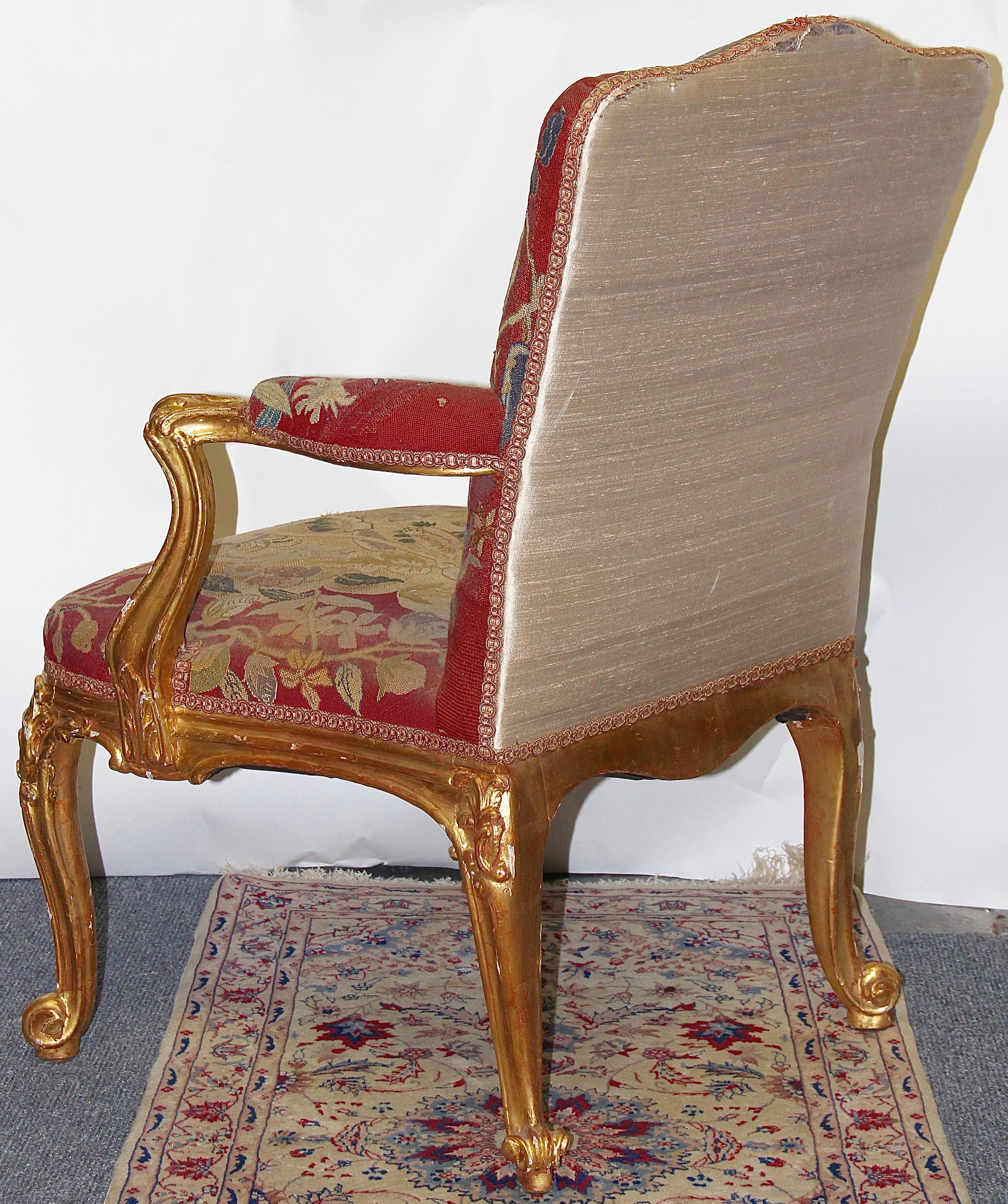 Pair of Antique European Baroque Armchairs, Gilded, with Original Tapestry 7
