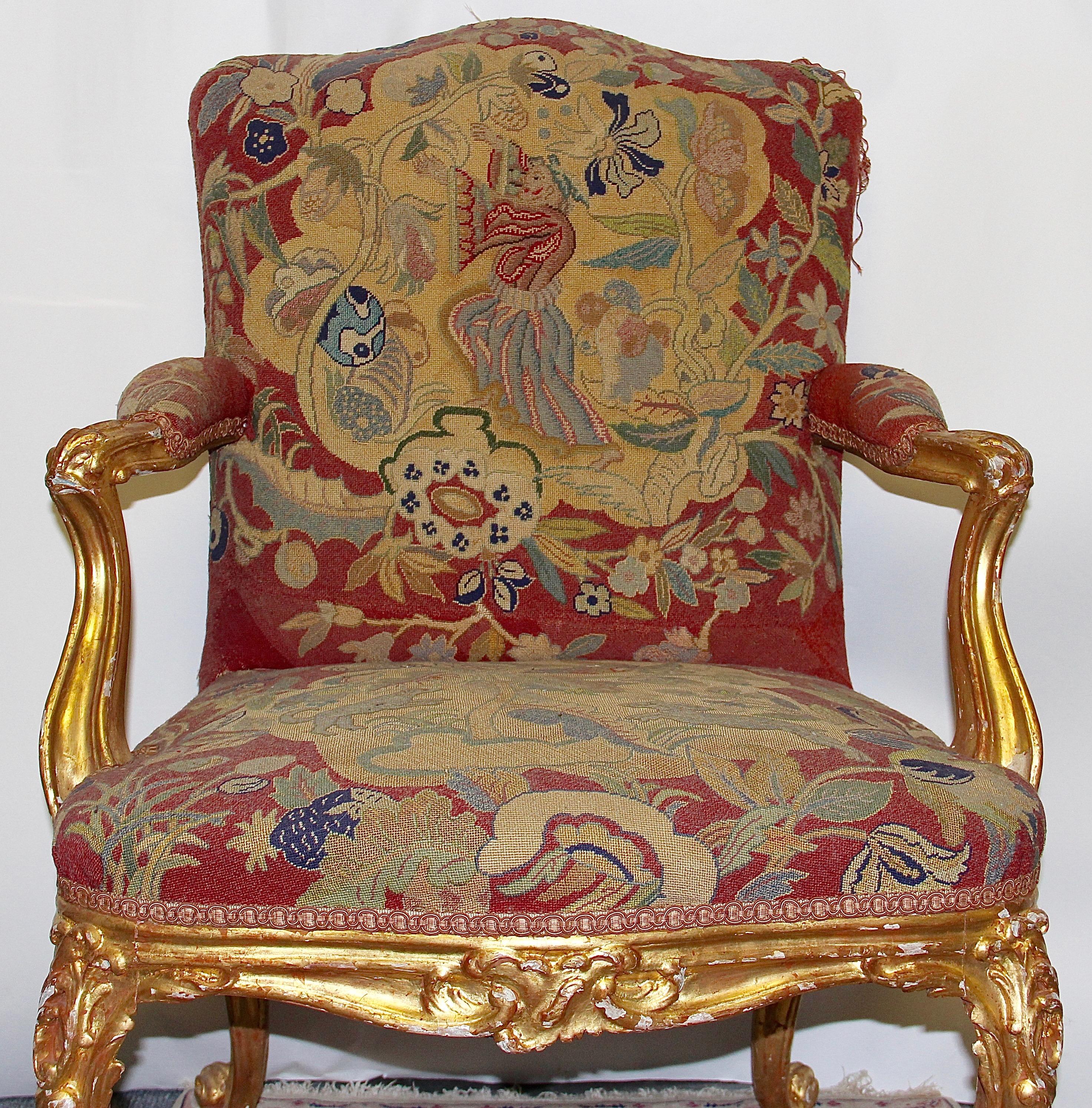 18th Century and Earlier Pair of Antique European Baroque Armchairs, Gilded, with Original Tapestry