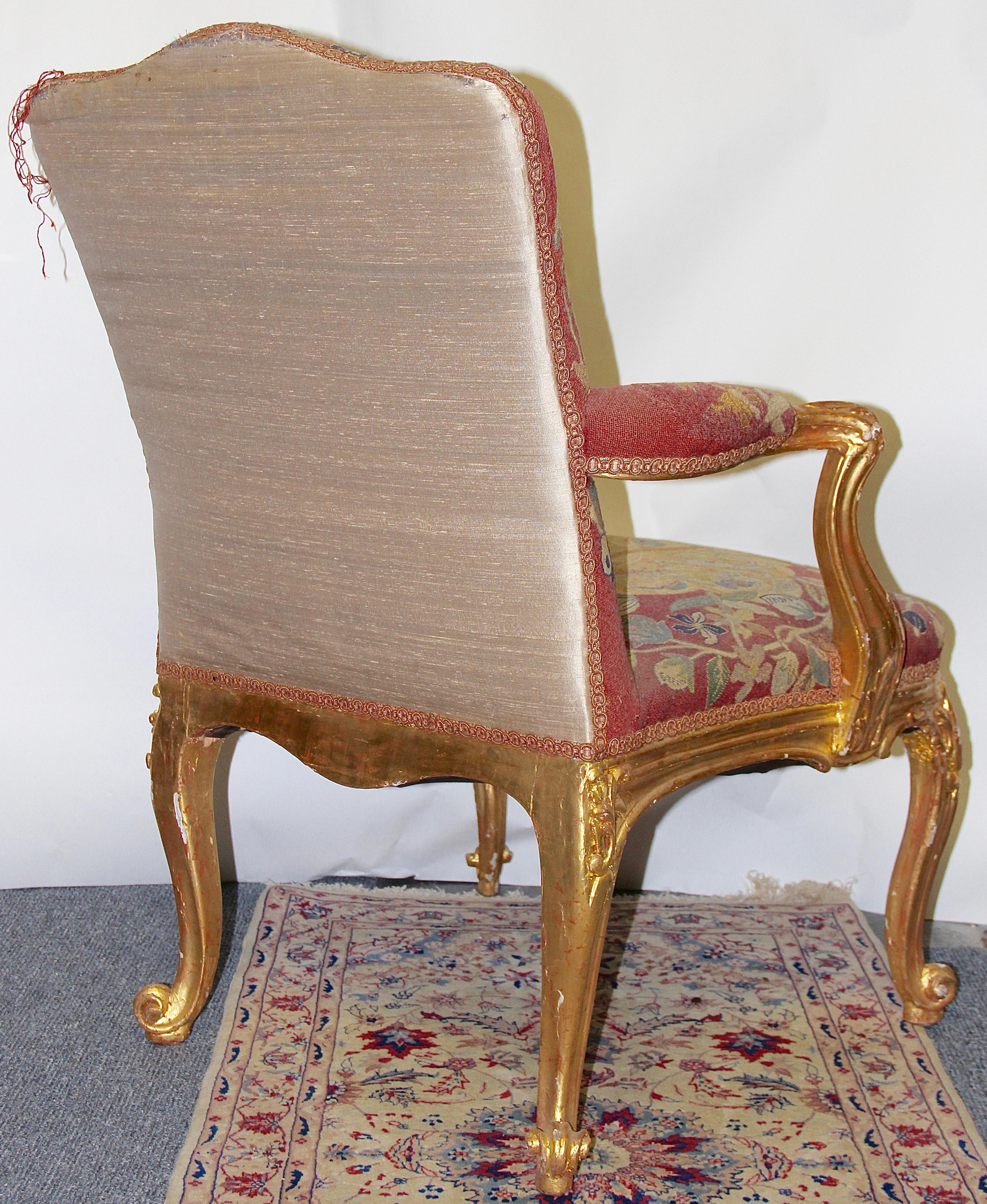 Pair of Antique European Baroque Armchairs, Gilded, with Original Tapestry 1