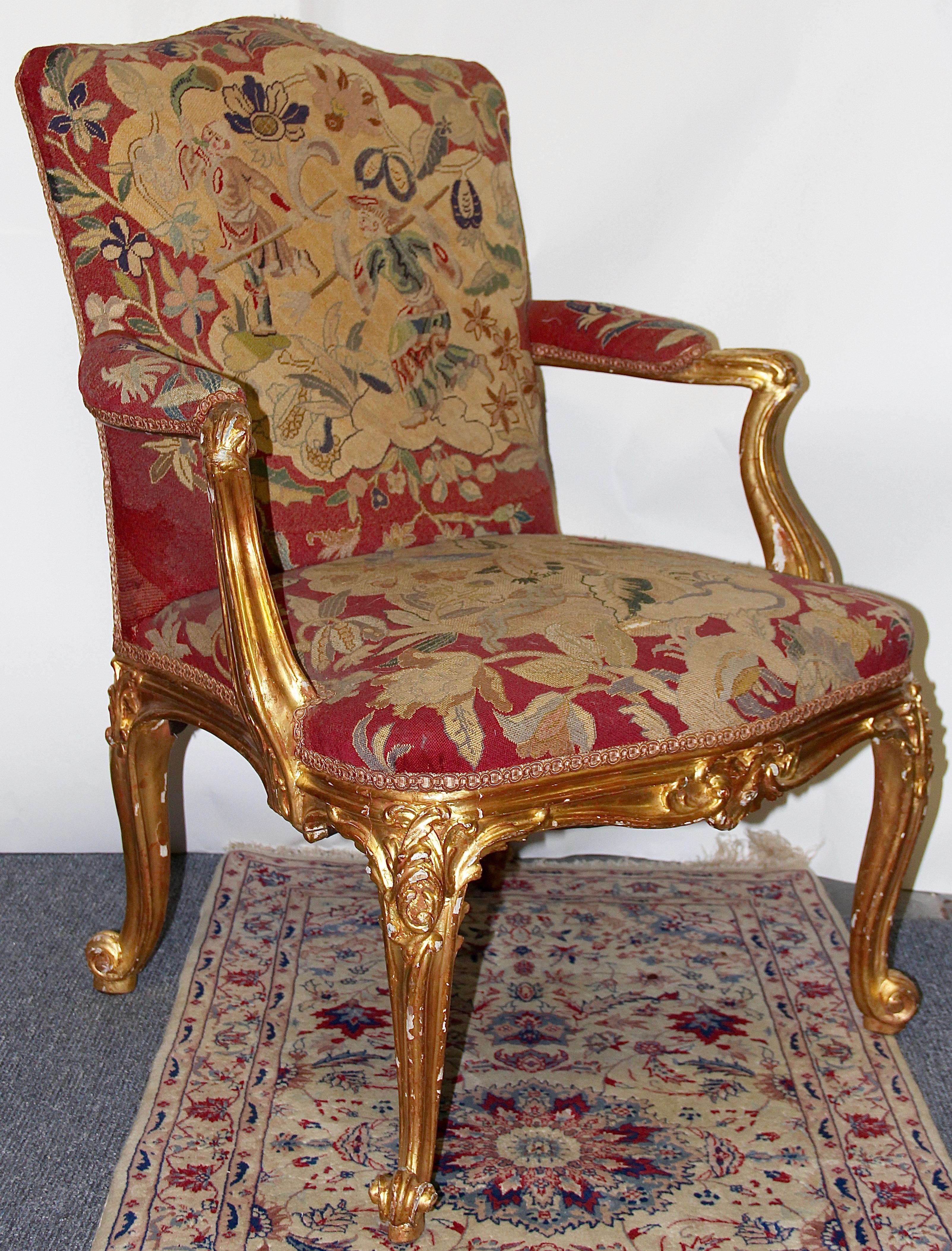 Pair of Antique European Baroque Armchairs, Gilded, with Original Tapestry 4