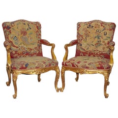 Pair of Antique European Baroque Armchairs, Gilded, with Original Tapestry